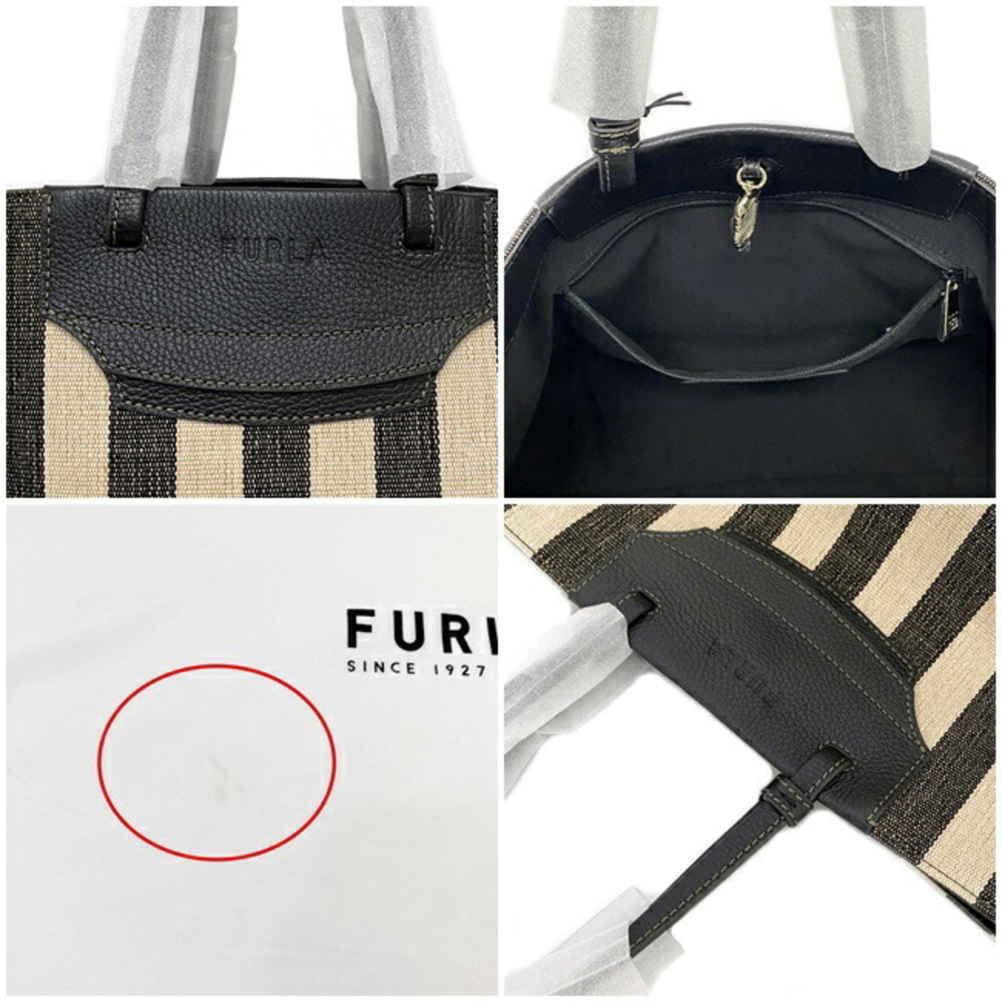 Furla Tote Bag Beige Black XB00510 BX0635 Canvas Leather FURLA Striped Laundry Large Ladies Natural