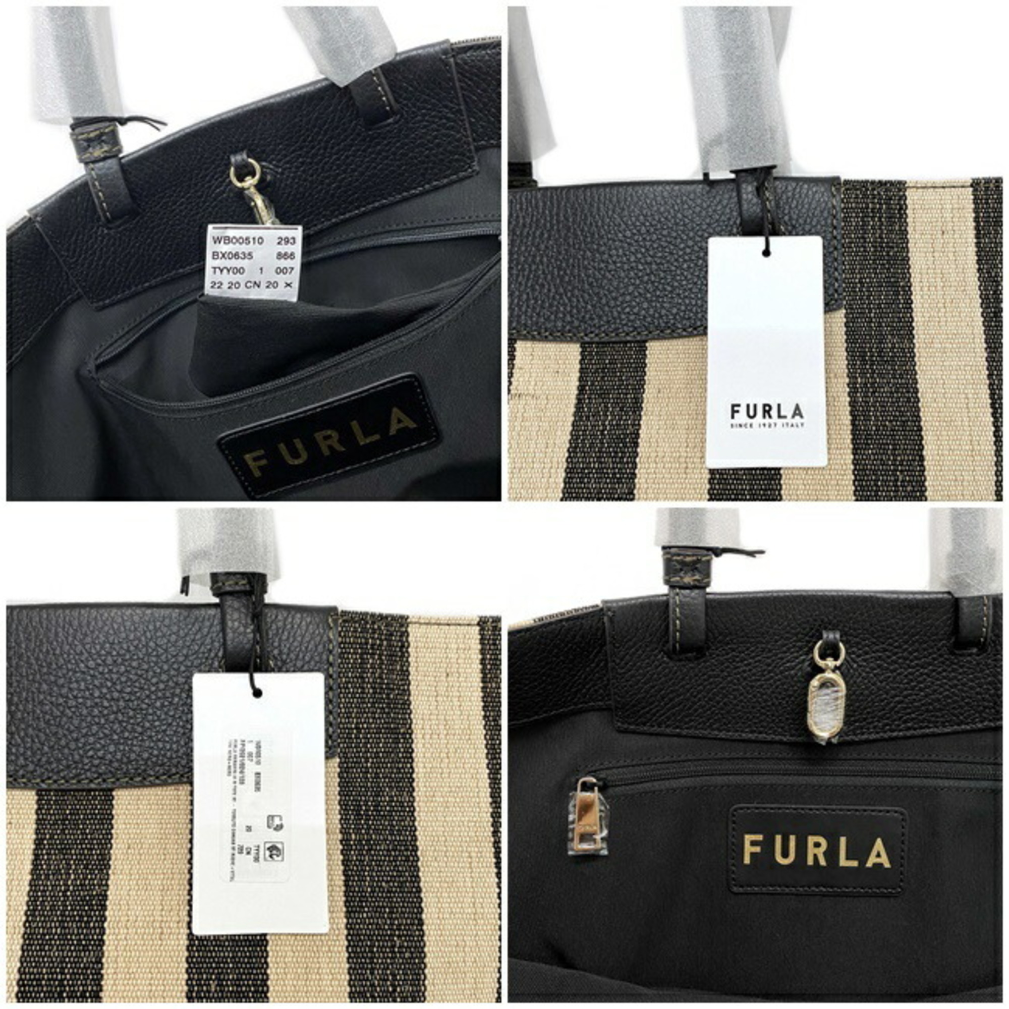 Furla Tote Bag Beige Black XB00510 BX0635 Canvas Leather FURLA Striped Laundry Large Ladies Natural