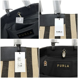 Furla Tote Bag Beige Black XB00510 BX0635 Canvas Leather FURLA Striped Laundry Large Ladies Natural