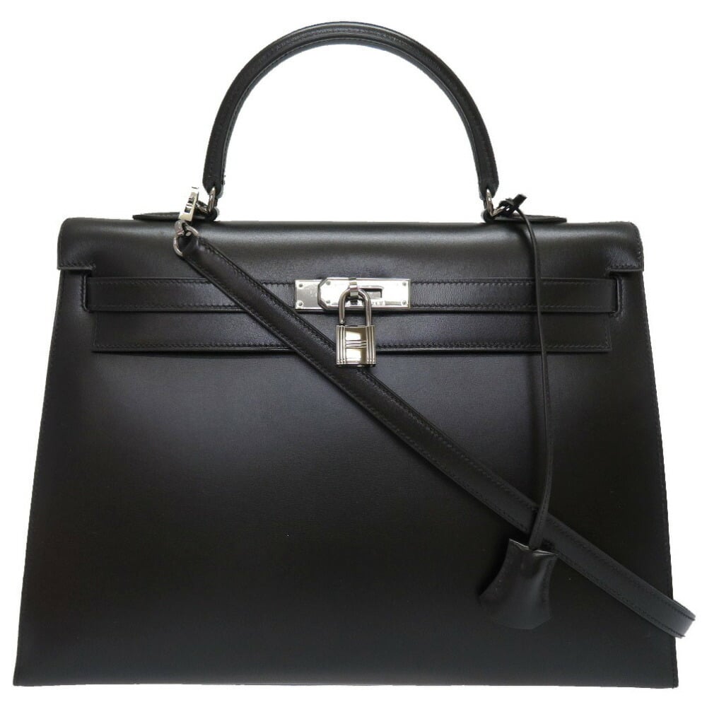 Hermes Kelly 35 outer sewn box calf muffler black ruthenium metal fittings  □ G engraved handbag bag 0023 HERMES