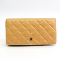 Chanel Matelasse Women's  Lambskin Long Wallet (bi-fold) Beige