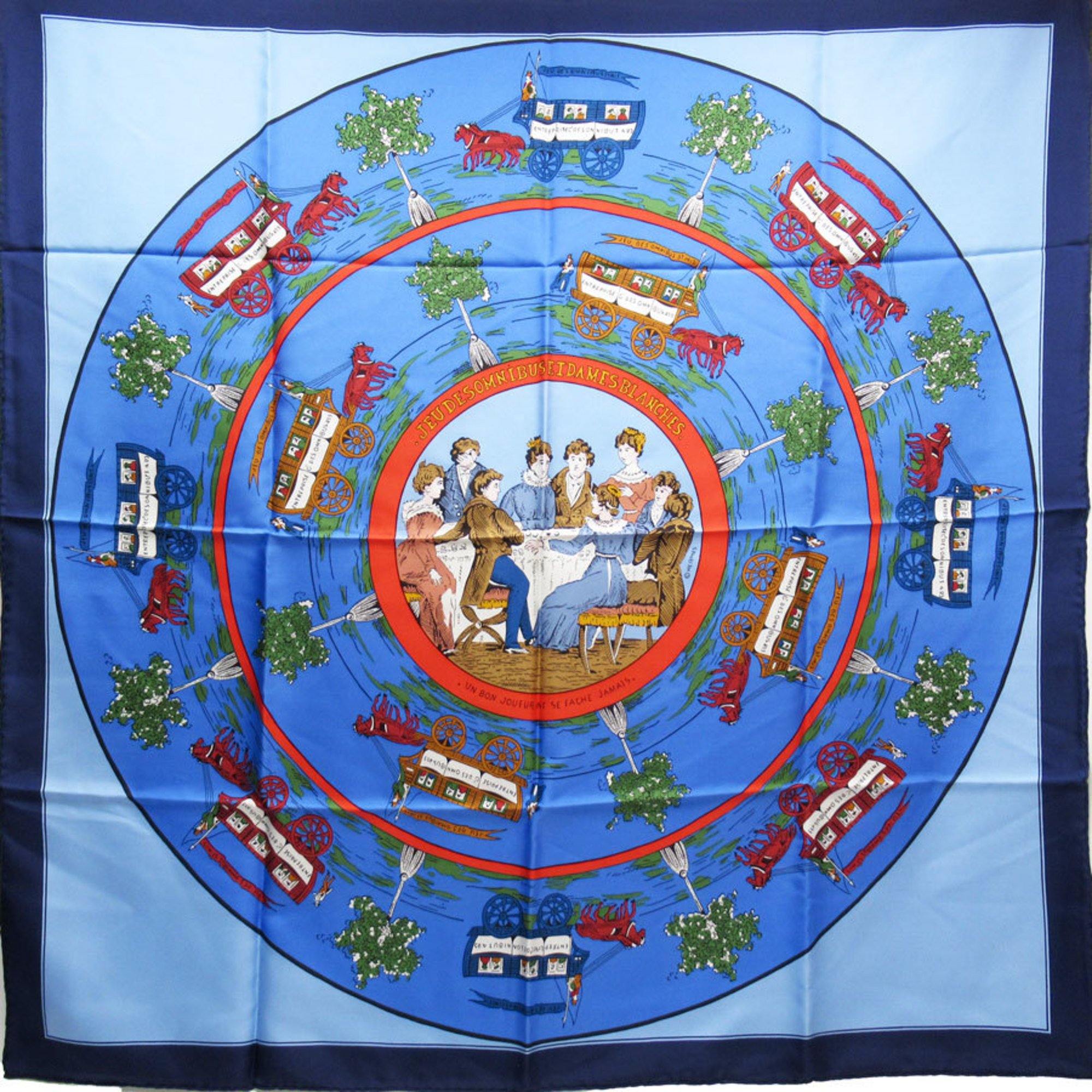 Hermes Scarf Carre 90 JEU DES OMNIBUS ET DAMES BLANCHES Omnibus and Lady's Game Blue 100% Silk