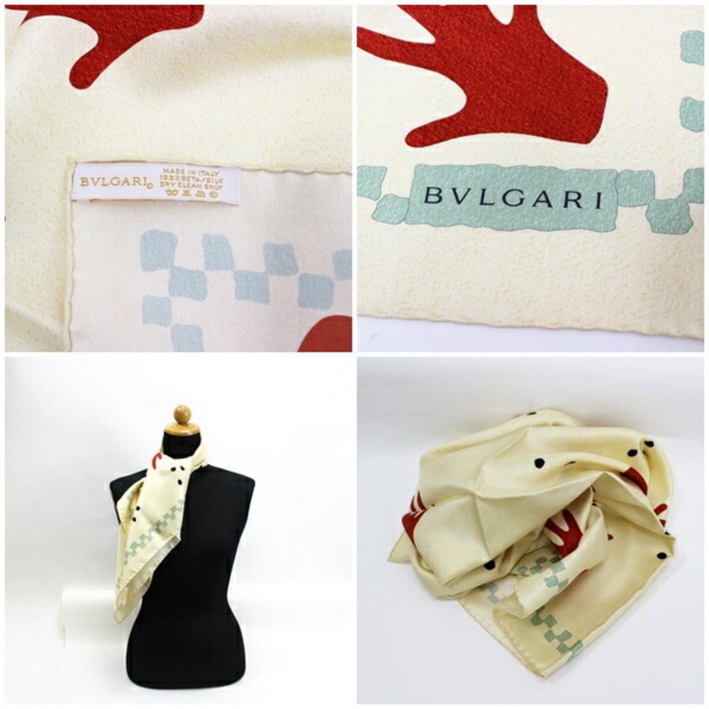 Bulgari Silk Scarf Muffler Stole Cream Hand/Hand Motif Pattern