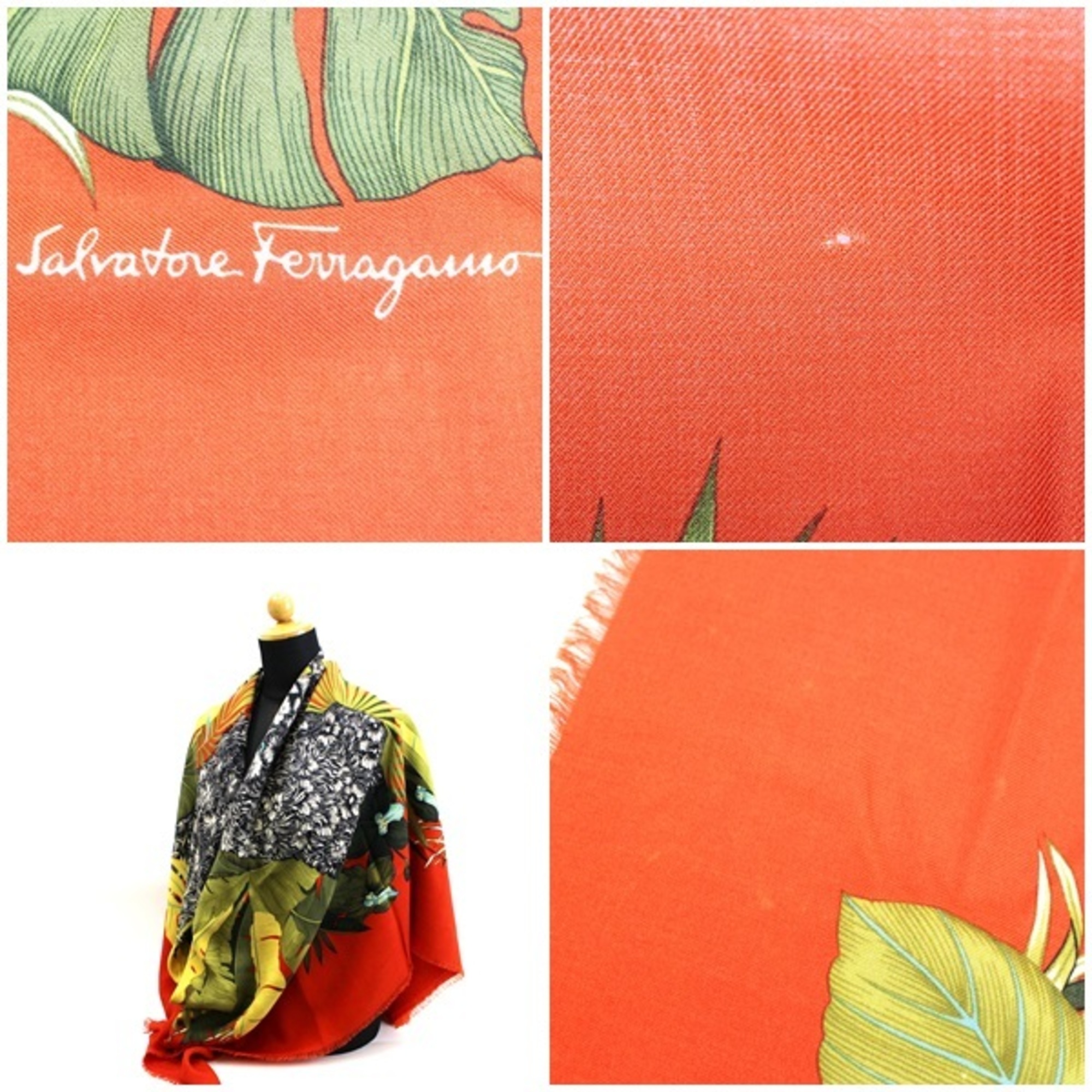 Salvatore Ferragamo Large Stole Shawl Red Plant/Animal Print | Ladies