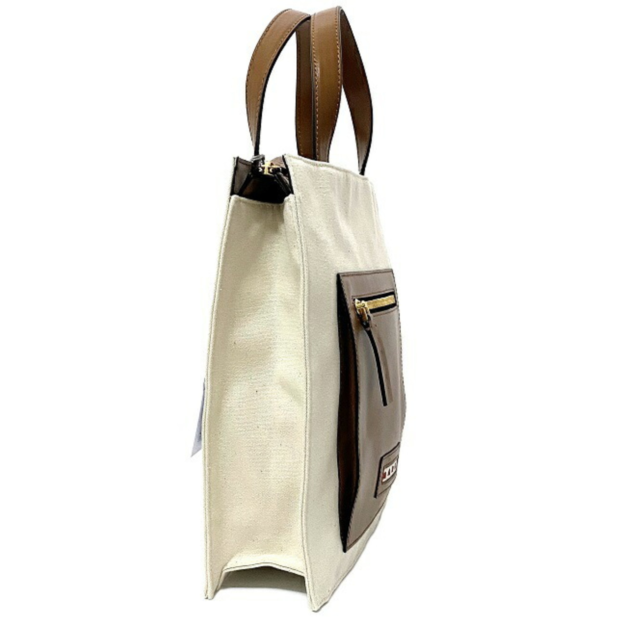 Marni Tote Bag Natural White Brown SHMP0068Q0 P2994 Canvas Leather MARNI Handbag Bicolor Ladies