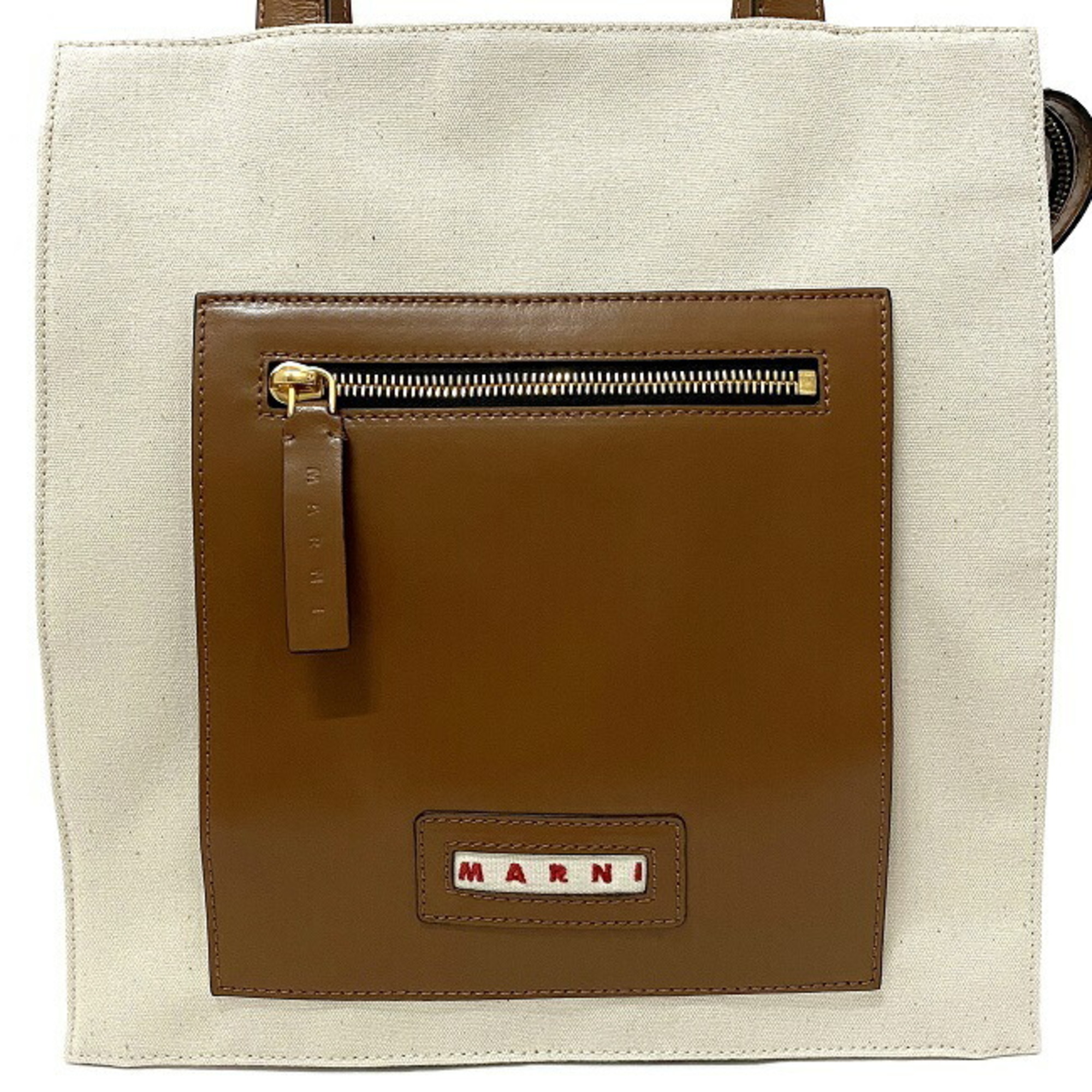 Marni Tote Bag Natural White Brown SHMP0068Q0 P2994 Canvas Leather MARNI Handbag Bicolor Ladies