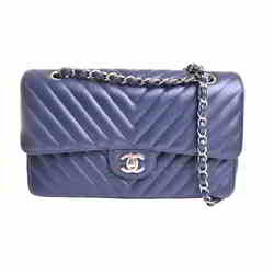 CHANEL Chanel Caviar Skin V Stitch Coco Mark W Flap Chain Shoulder Bag Navy