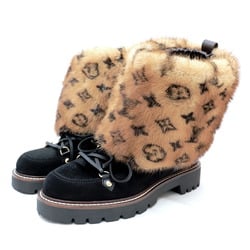 Louis Vuitton 19 Territory Line Monogram Mink Fur x Harako Leather Boots Ladies Black Brown 37.5 Mouton Liner