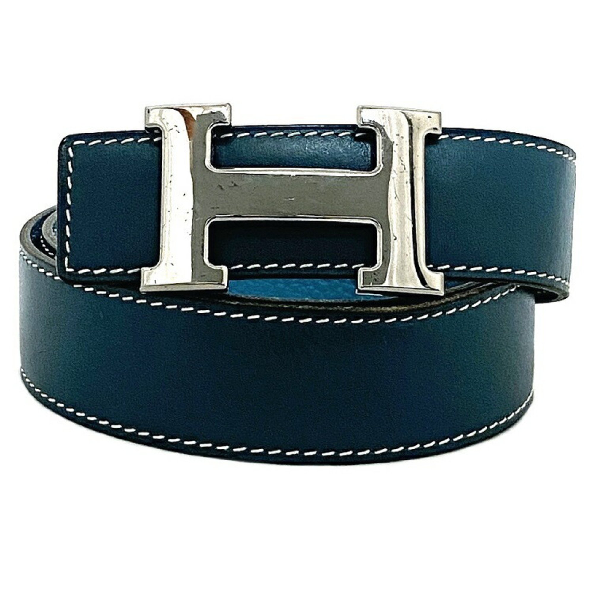 Hermes H Belt Blue Silver Constance Leather Taurillon Clemence Box Calf Muffler □H Engraved Made in 2004 HERMES 30mm Waist Reversible Ladies