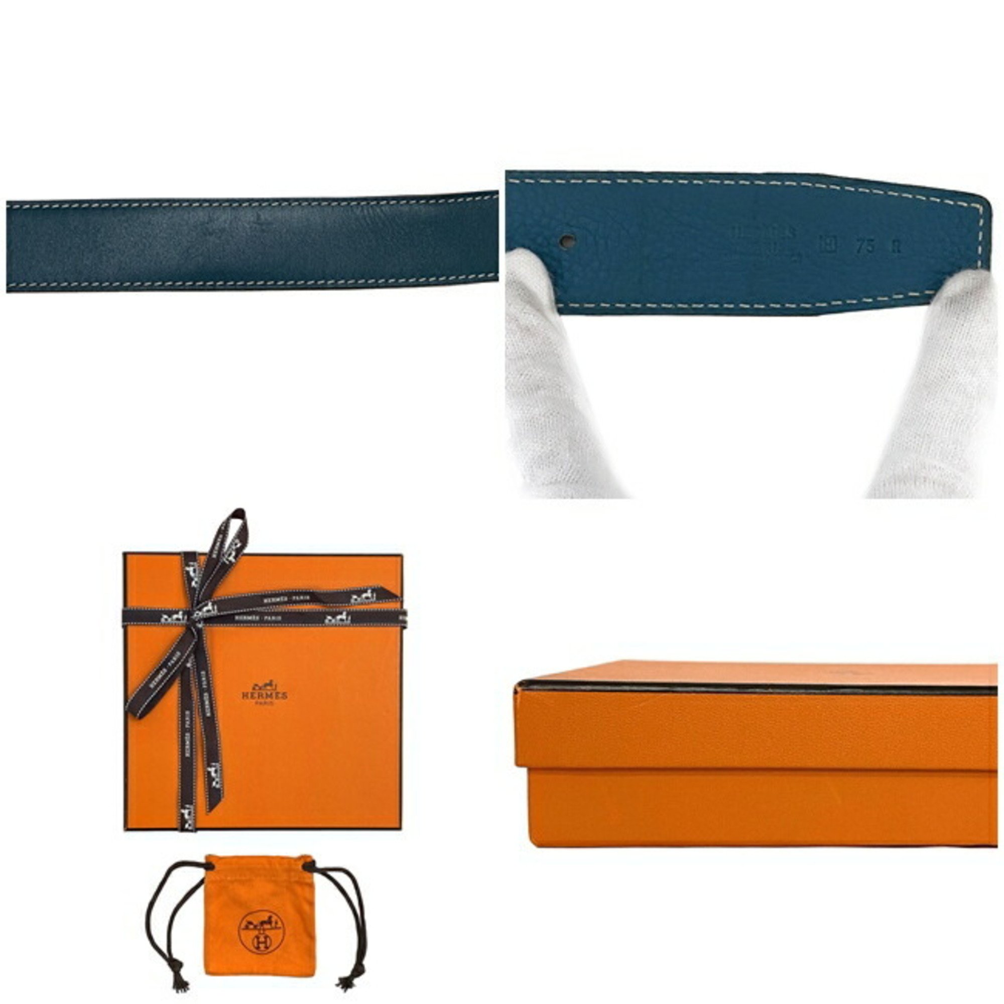 Hermes H Belt Blue Silver Constance Leather Taurillon Clemence Box Calf Muffler □H Engraved Made in 2004 HERMES 30mm Waist Reversible Ladies