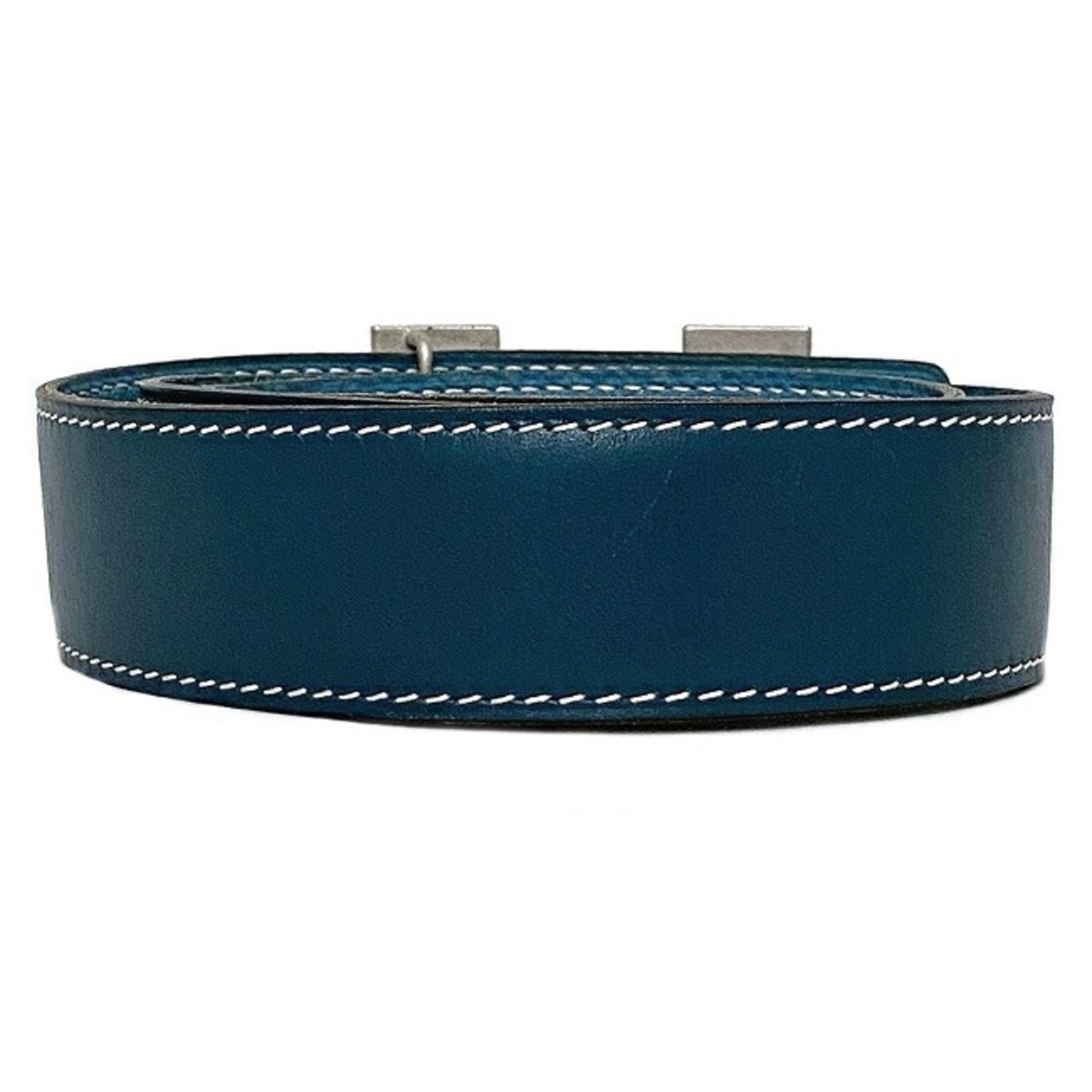 Hermes H Belt Blue Silver Constance Leather Taurillon Clemence Box Calf Muffler □H Engraved Made in 2004 HERMES 30mm Waist Reversible Ladies