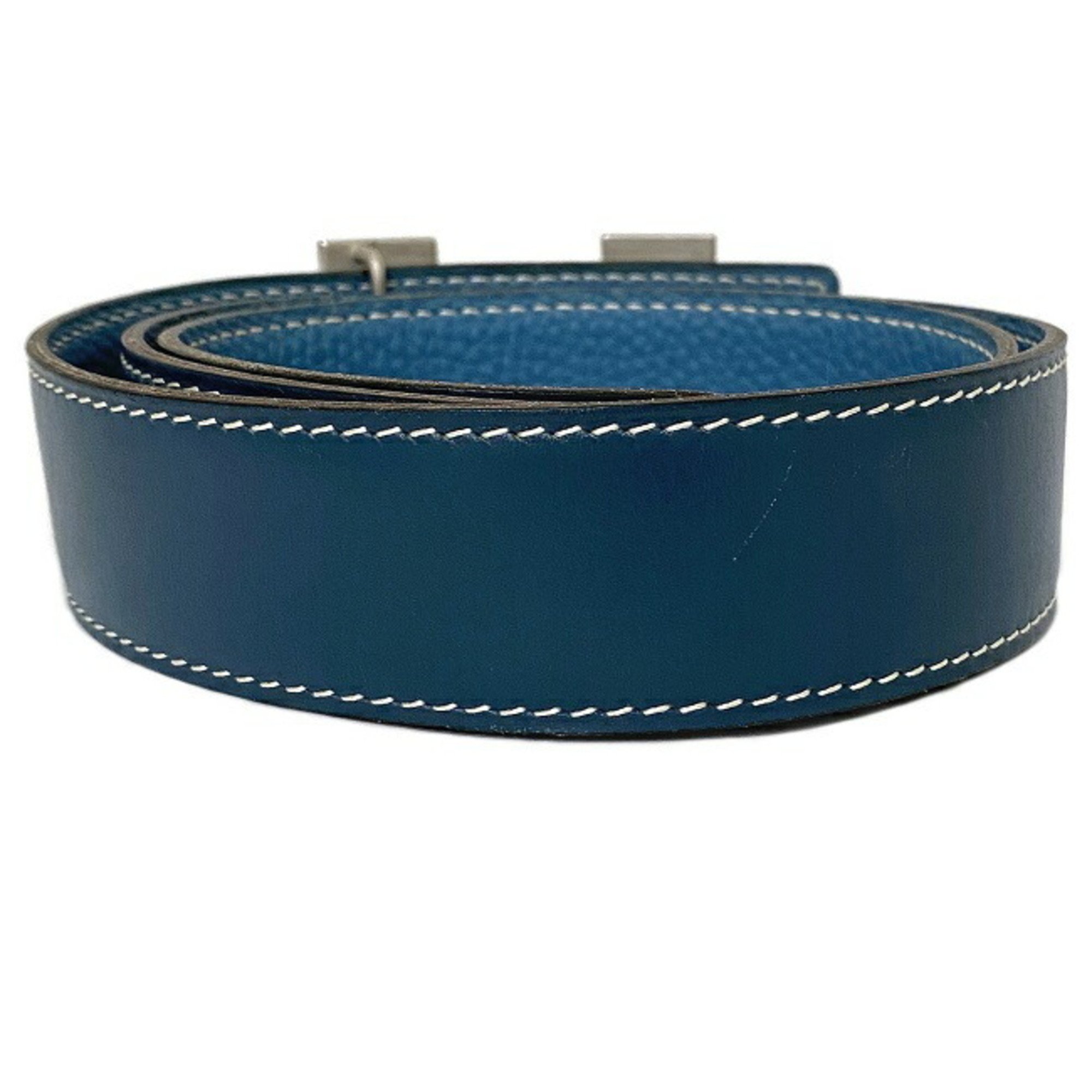 Hermes H Belt Blue Silver Constance Leather Taurillon Clemence Box Calf Muffler □H Engraved Made in 2004 HERMES 30mm Waist Reversible Ladies