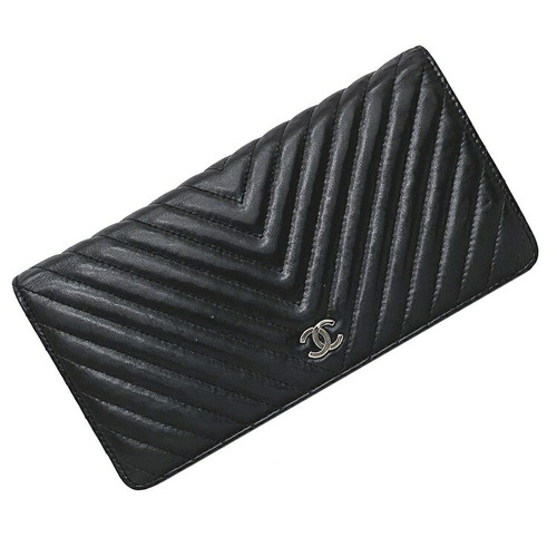 Chanel Bifold Long Wallet Black Silver V Stitch A31509 Leather