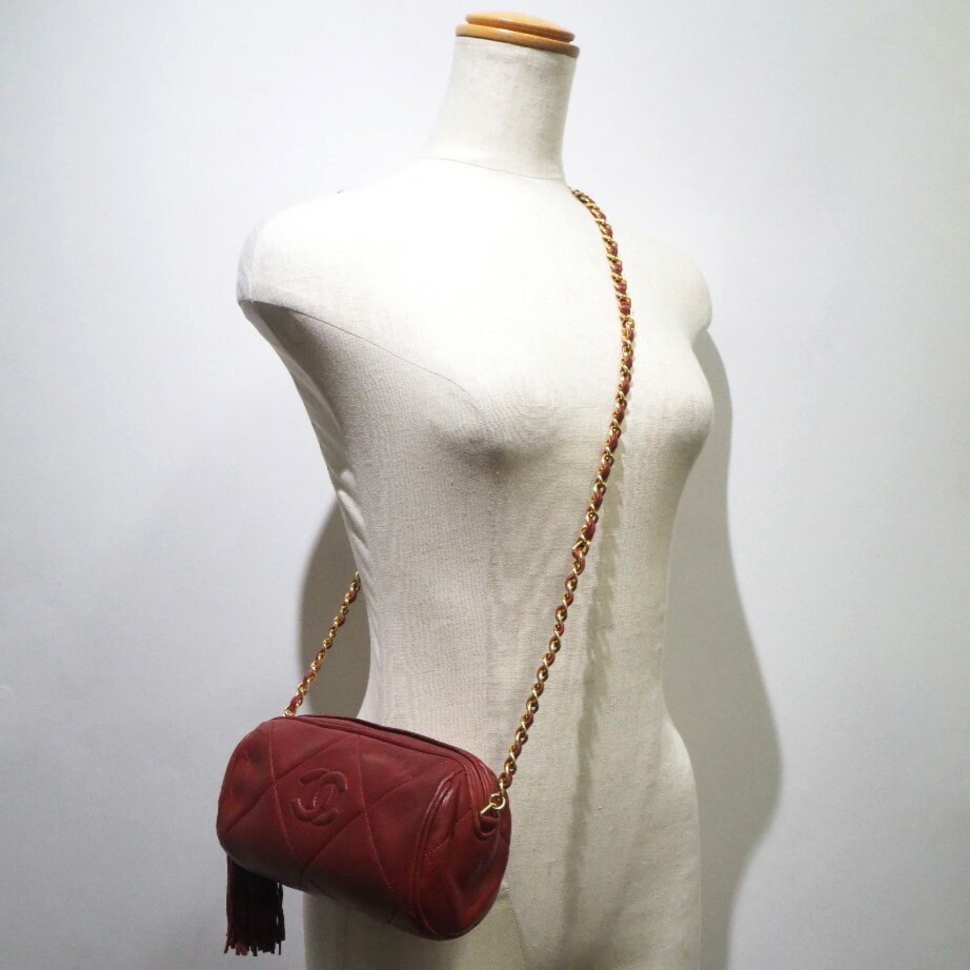 CHANEL Chanel chain shoulder matelasse lambskin red ladies bag