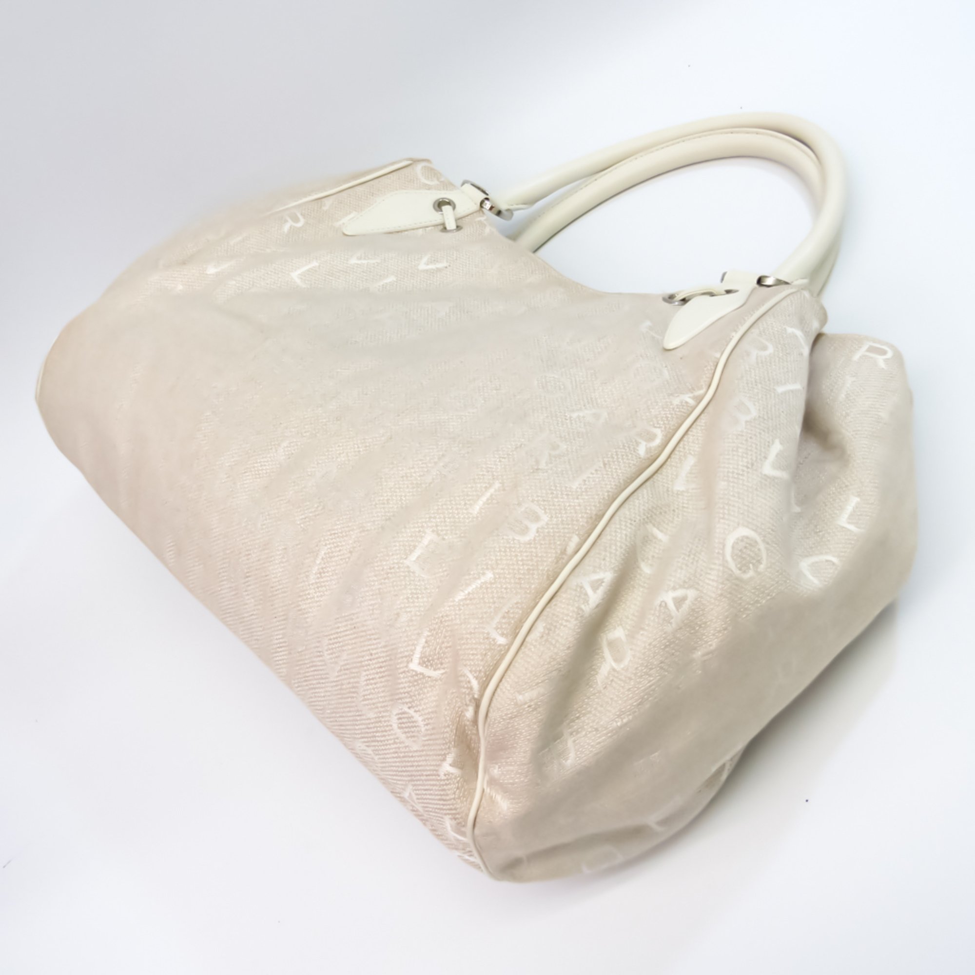 Bvlgari Logomania Women's Canvas,Leather Handbag Light Beige,Off-white