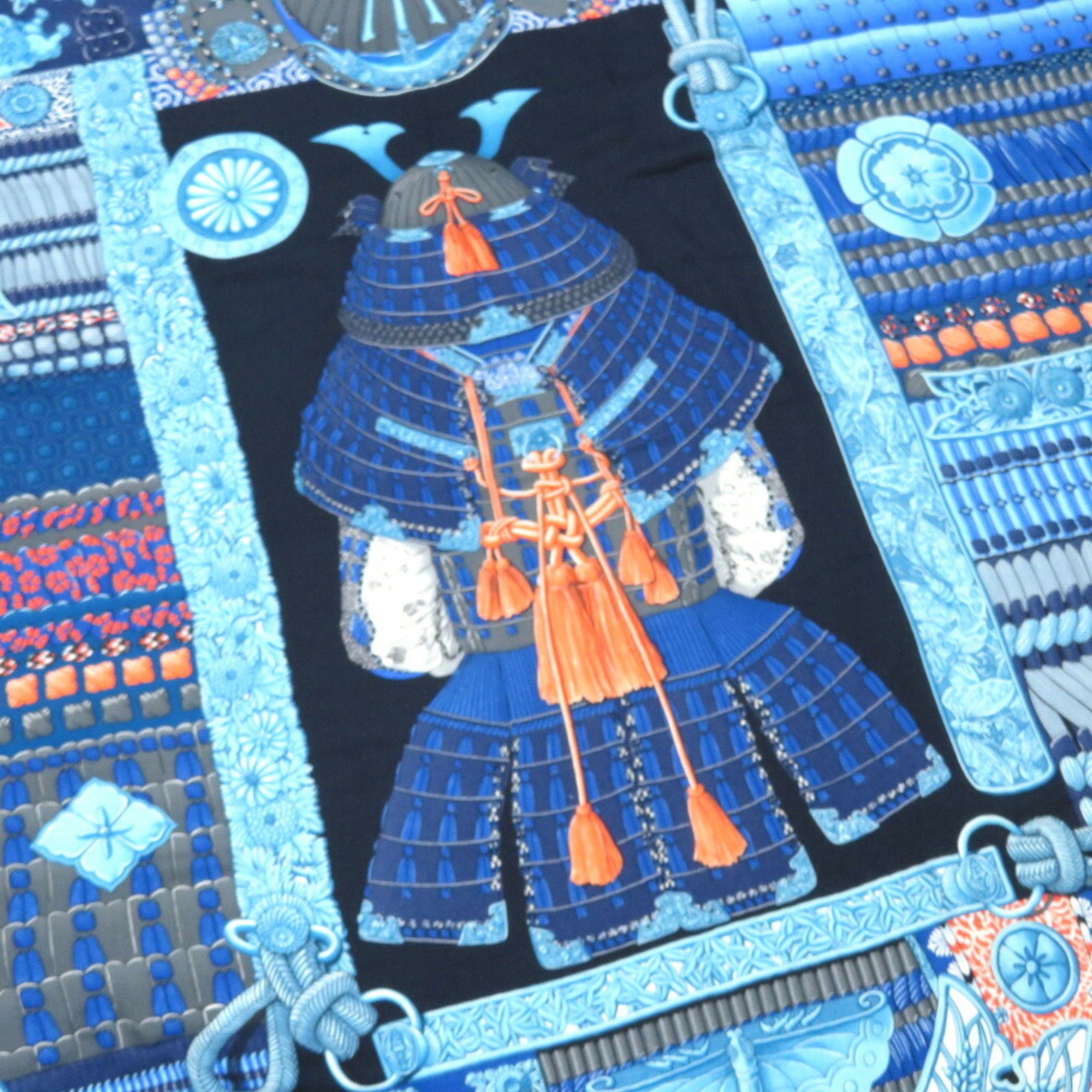 Hermes Carre Muffler 140 Samurai Armor Helmet Parures de Samourais Cashmere Silk Blue Stole