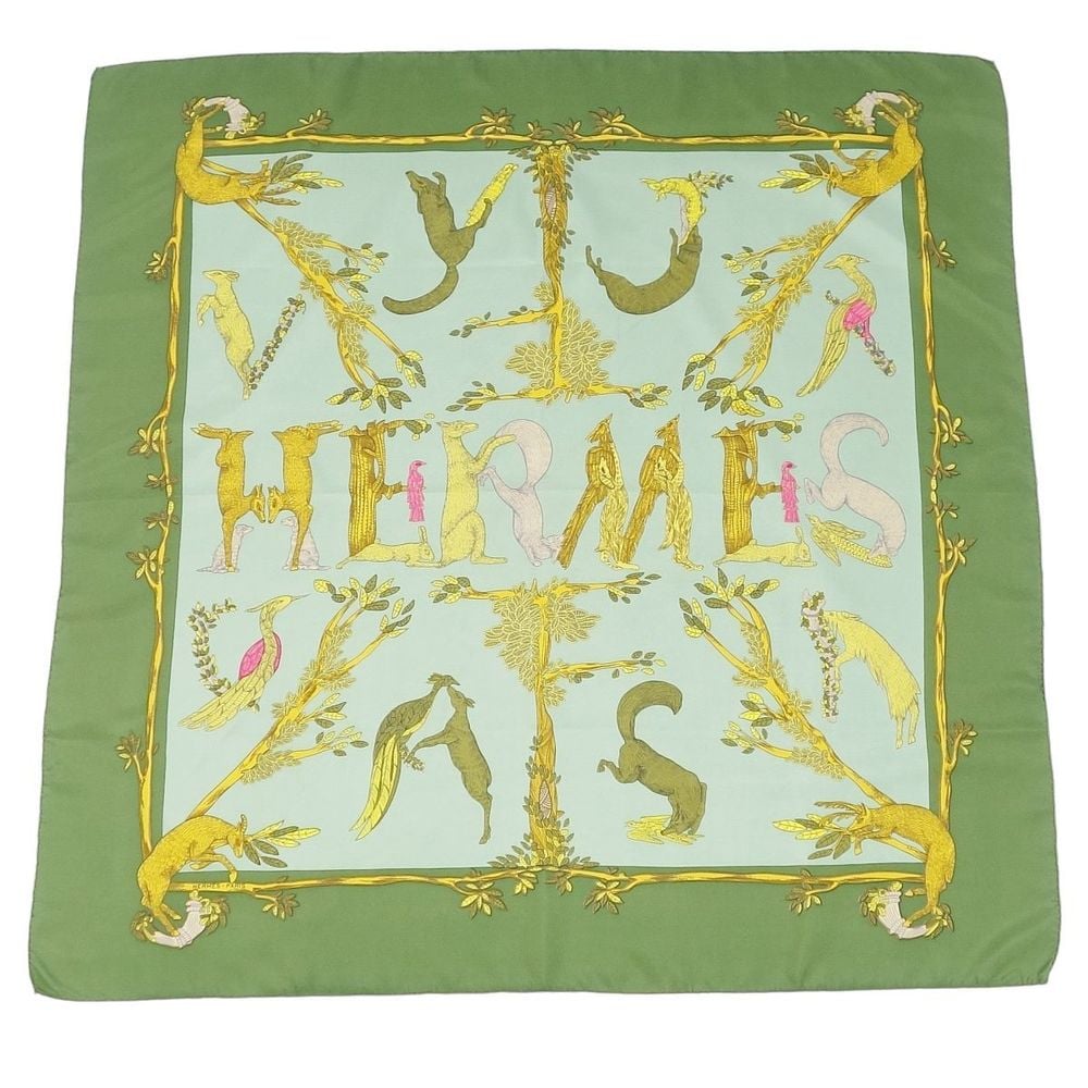 Hermes HERMES Muffler Carre 90 Alphabet (Alphabet) Silk Women's Green ...