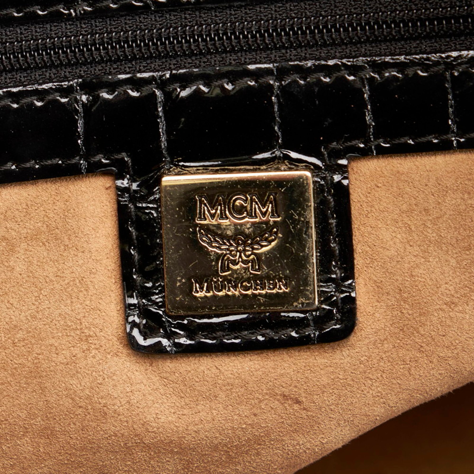MCM Embossed Handbag Chain Shoulder Bag Black Leather Ladies