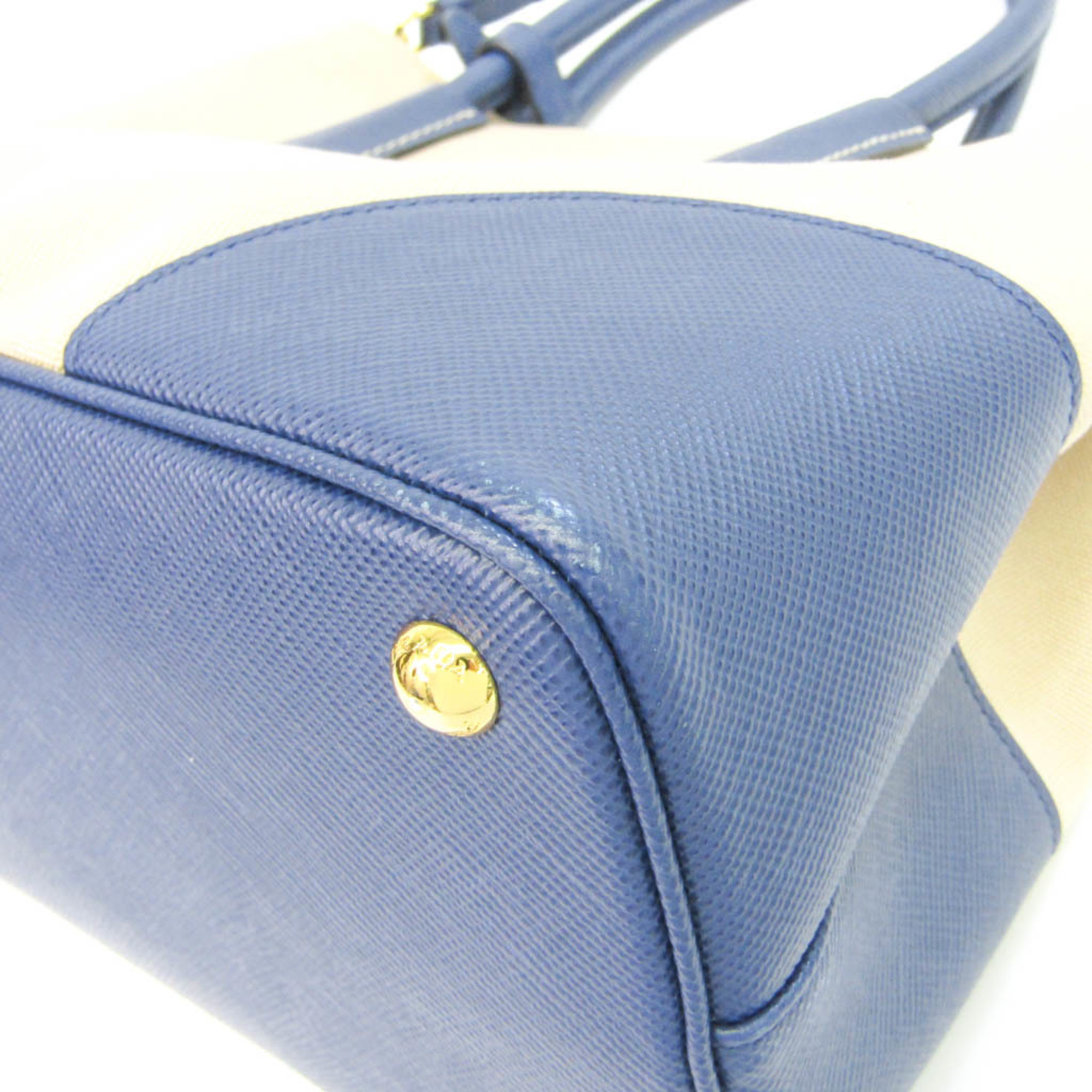 Prada Saffiano Double BN2775 Women's Canvas,Leather Handbag,Shoulder Bag Beige,Blue