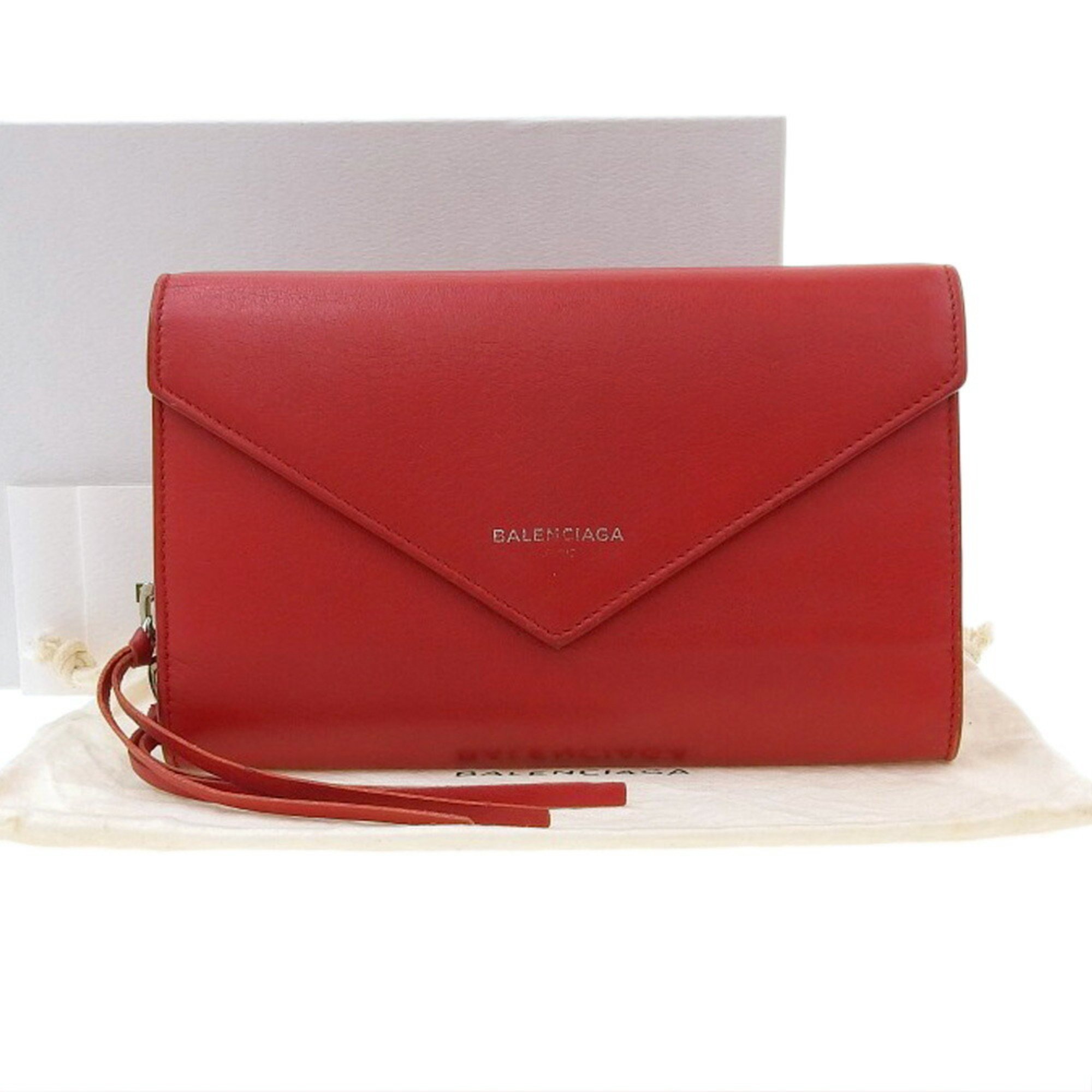 Balenciaga BALENCIAGA Paper Manny Zip Around Hook Long Wallet Leather Red 371661