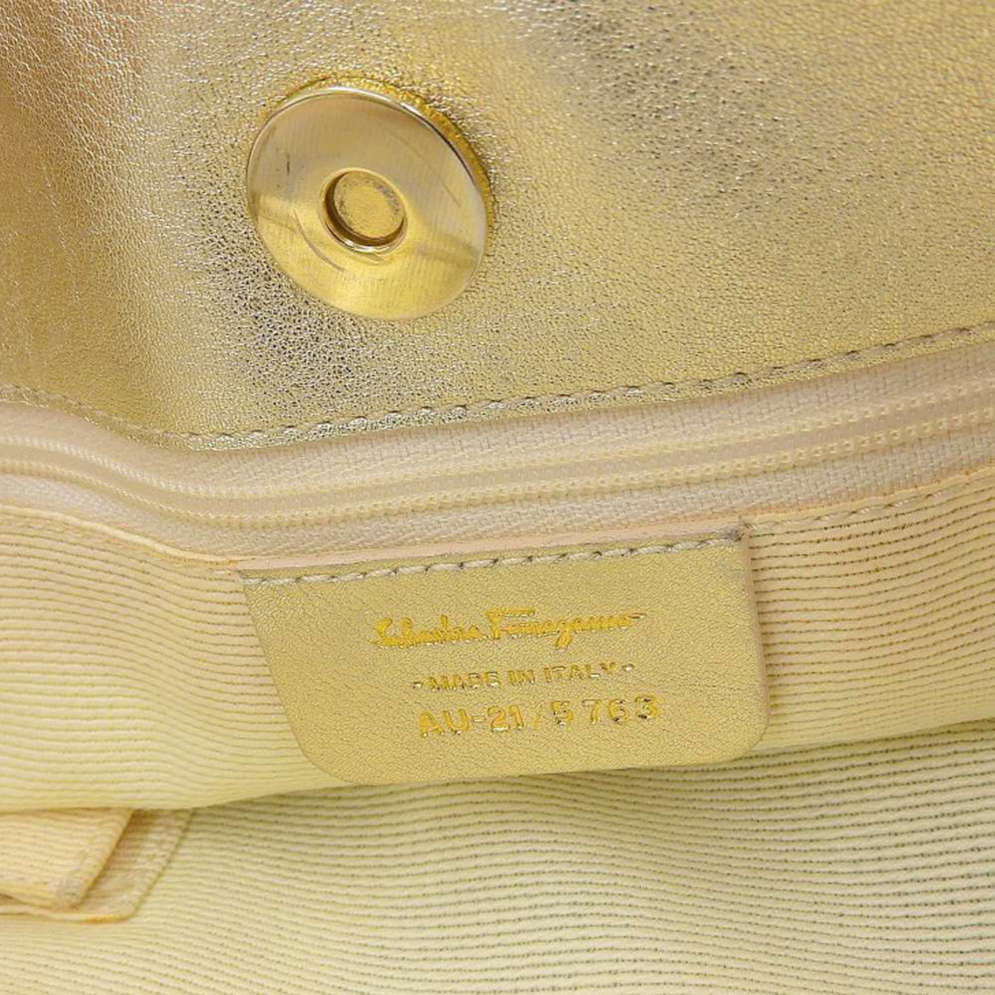 Salvatore Ferragamo Gancini Women's Canvas,Leather Shoulder Bag,Tote Bag Champagne Gold,Ivory