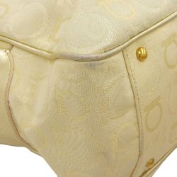 Salvatore Ferragamo Gancini Women's Canvas,Leather Shoulder Bag,Tote Bag Champagne Gold,Ivory