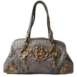 Metallic intrecciato leather bucket bag