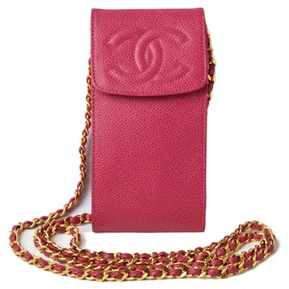 CHANEL CC Logo Mini Pouch Caviar Skin Leather Red Gold Made In