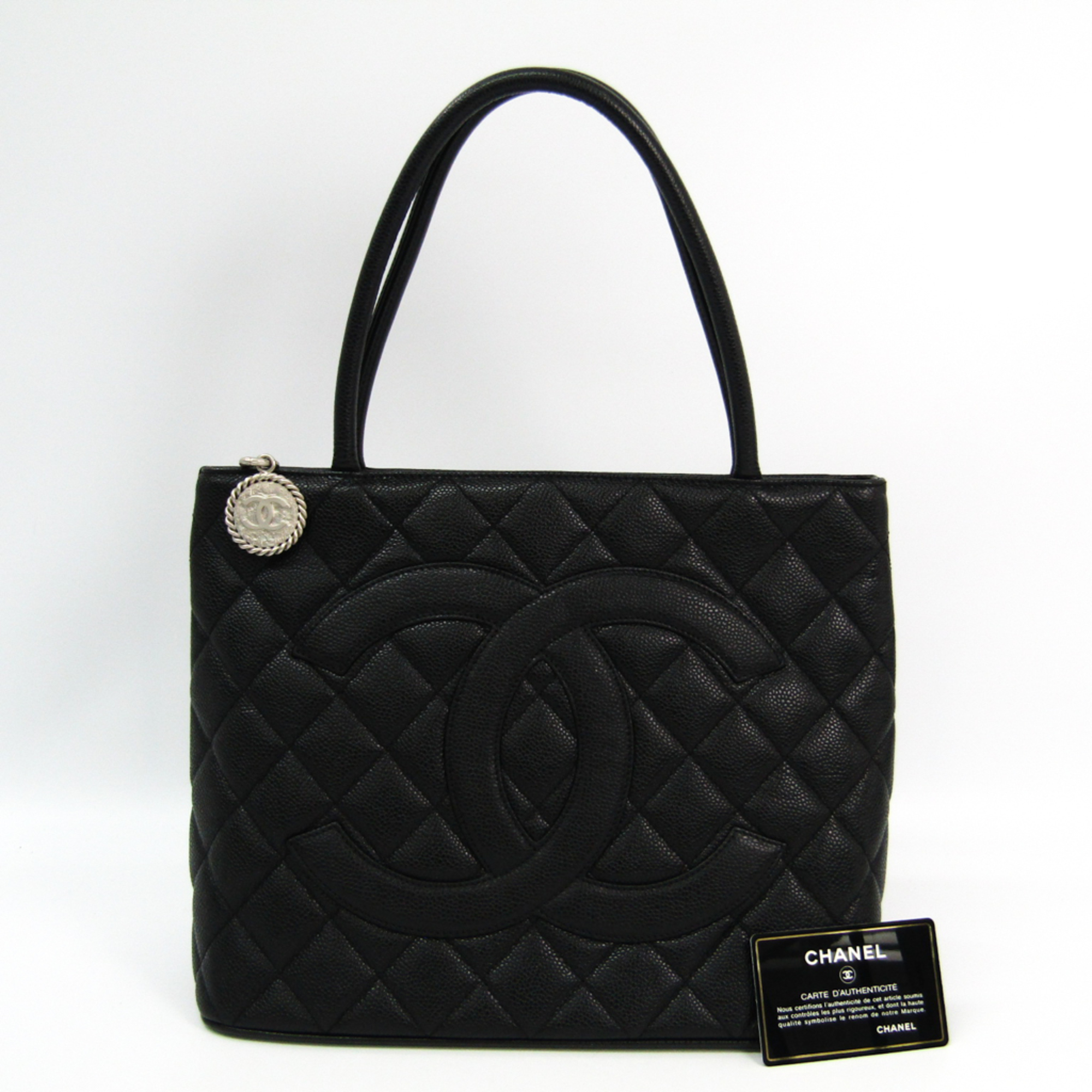 Chanel Caviar Skin A01804 Medallion Tote Leather Handbag Black