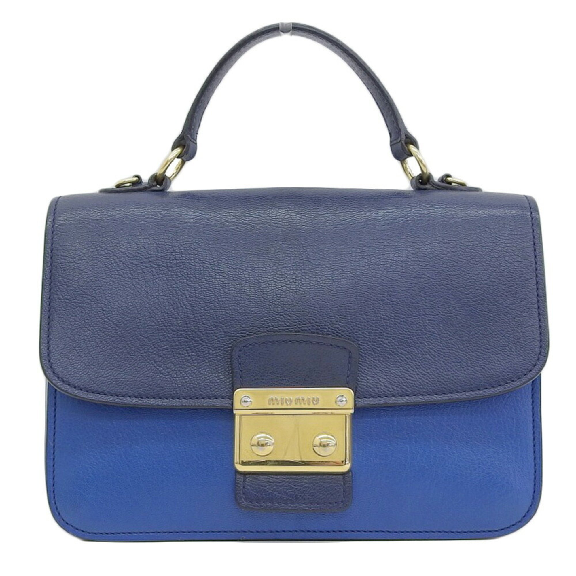 Miu MIUMIU 2WAY Madras hand shoulder bag leather blue RN0726