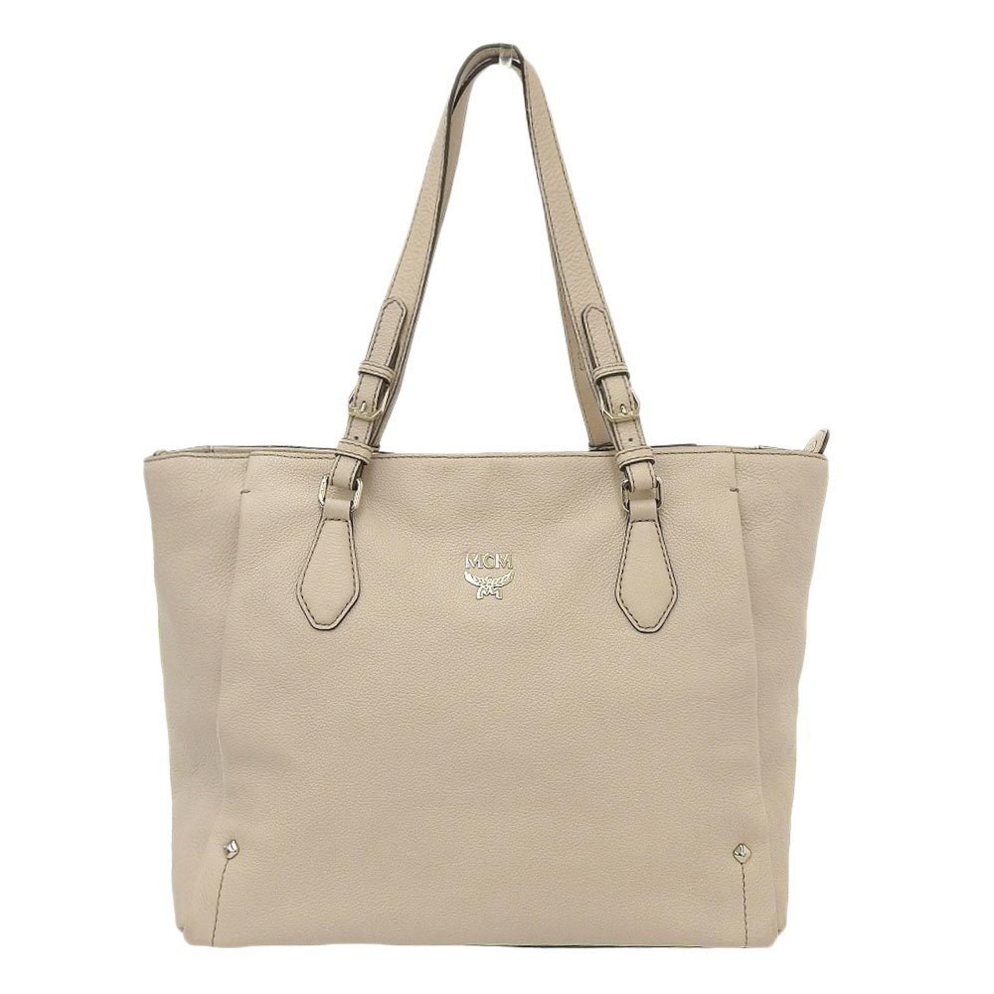 MCM Logo Tote Bag Shoulder Handbag Leather Light Beige E0486