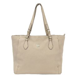 MCM Logo Tote Bag Shoulder Handbag Leather Light Beige E0486