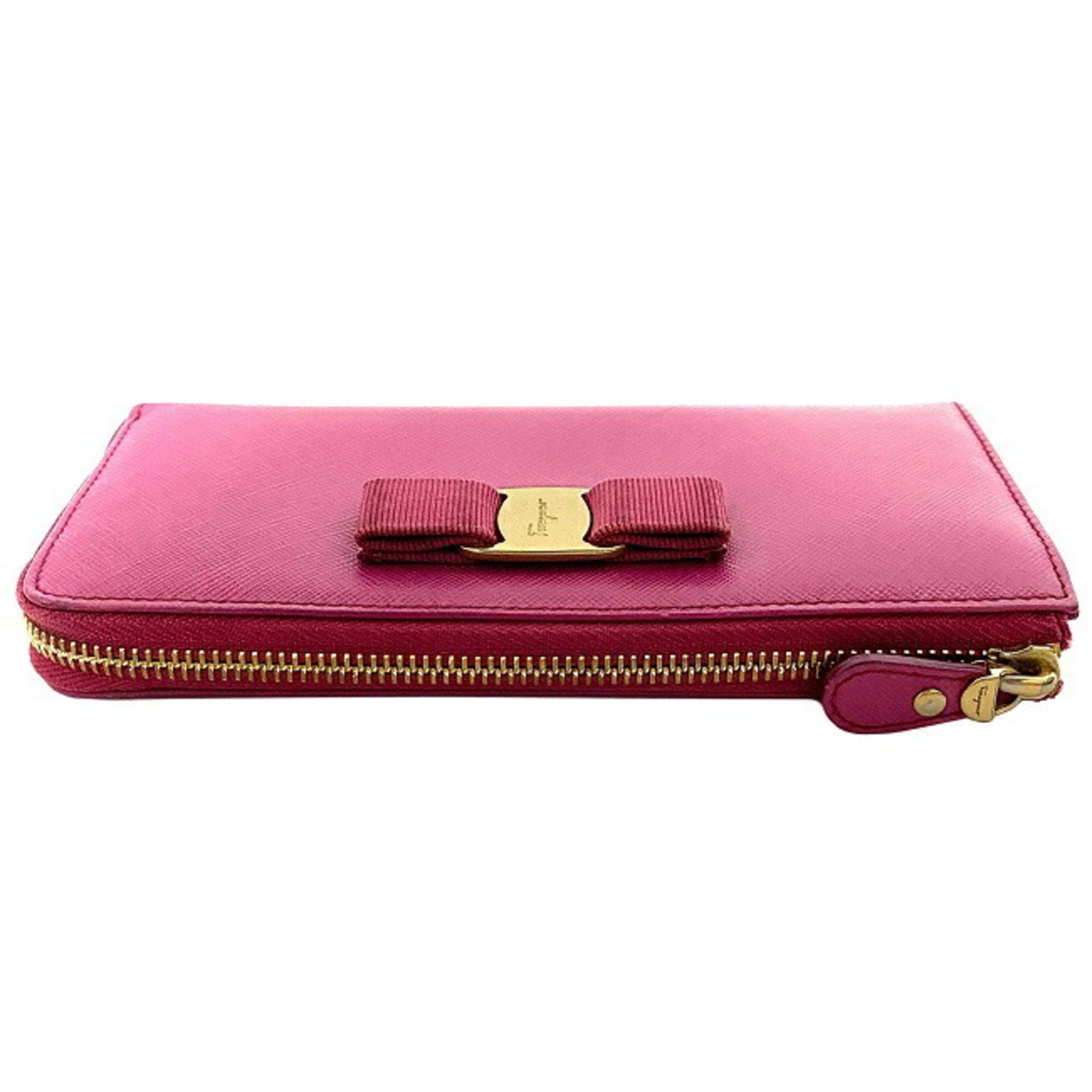 Salvatore Ferragamo Long Wallet Pink Gold Vara 22 C124 Leather Ribbon Women's