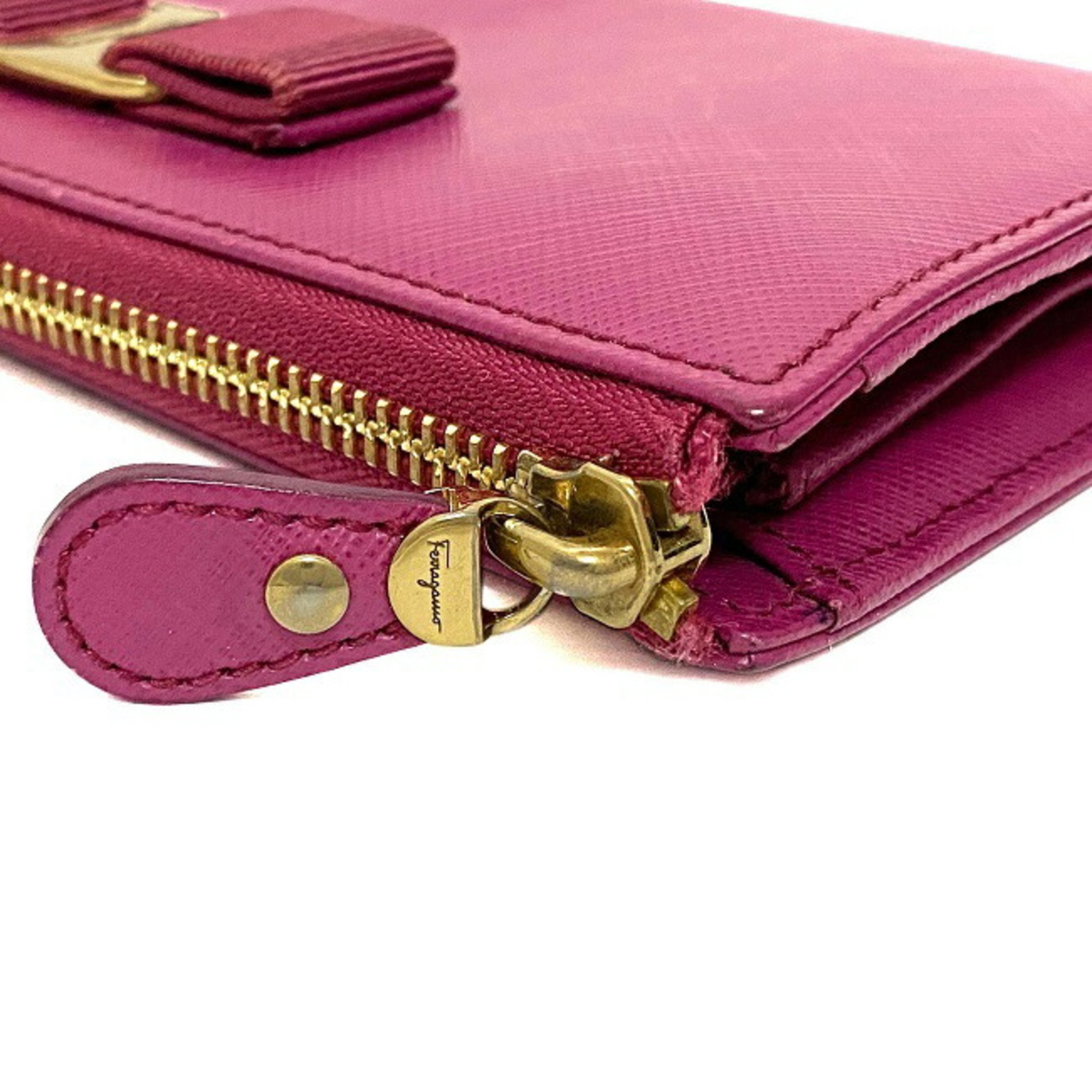 Salvatore Ferragamo Long Wallet Pink Gold Vara 22 C124 Leather Ribbon Women's