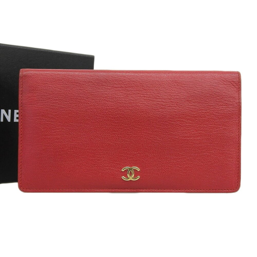 Chanel CHANEL here mark logo bi-fold long wallet leather red gold