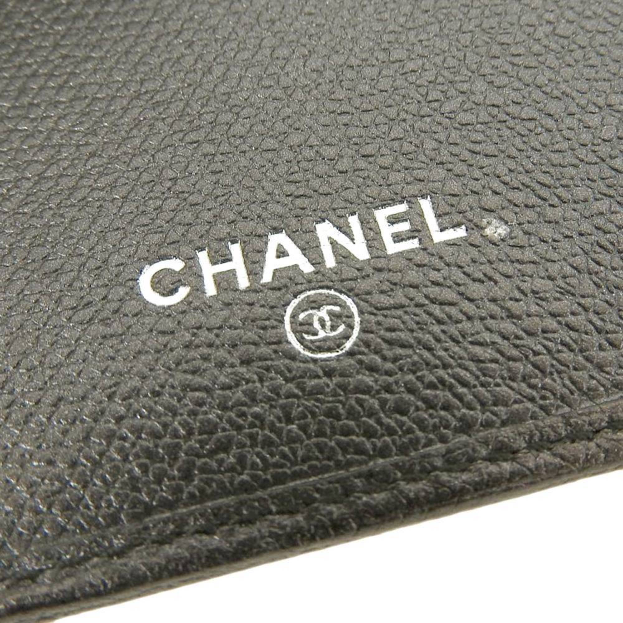 Chanel CHANEL here mark logo button tri-fold wallet leather black with seal 10 series