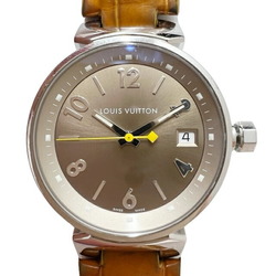 Louis Vuitton LOUIS VUITTON LV Tambour Watch QZ Quartz Battery Operated SS Stainless Steel Nume Leather Belt Gold Dial Q1312 Women's Clock