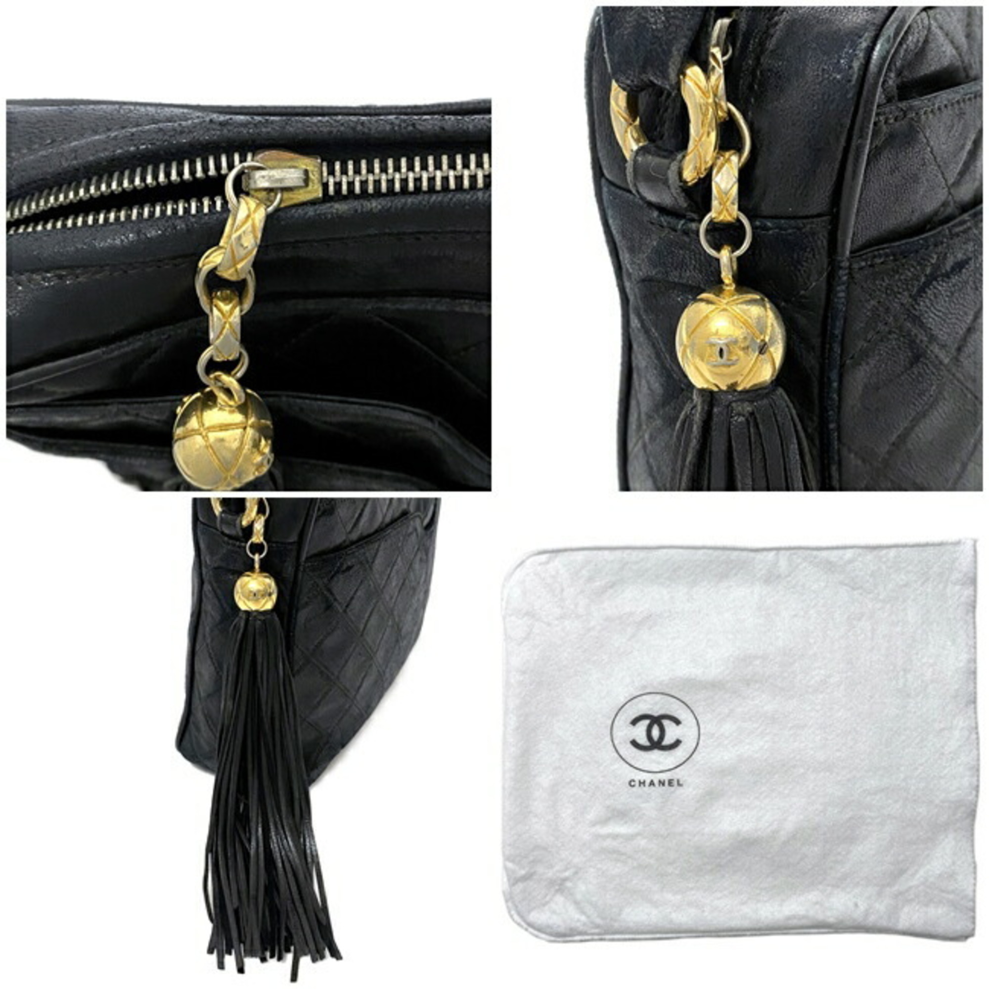 Chanel Shoulder Bag Black Gold Matelasse Leather Lambskin 6th CHANEL Tassel Coco Mark Ball Charm Soft