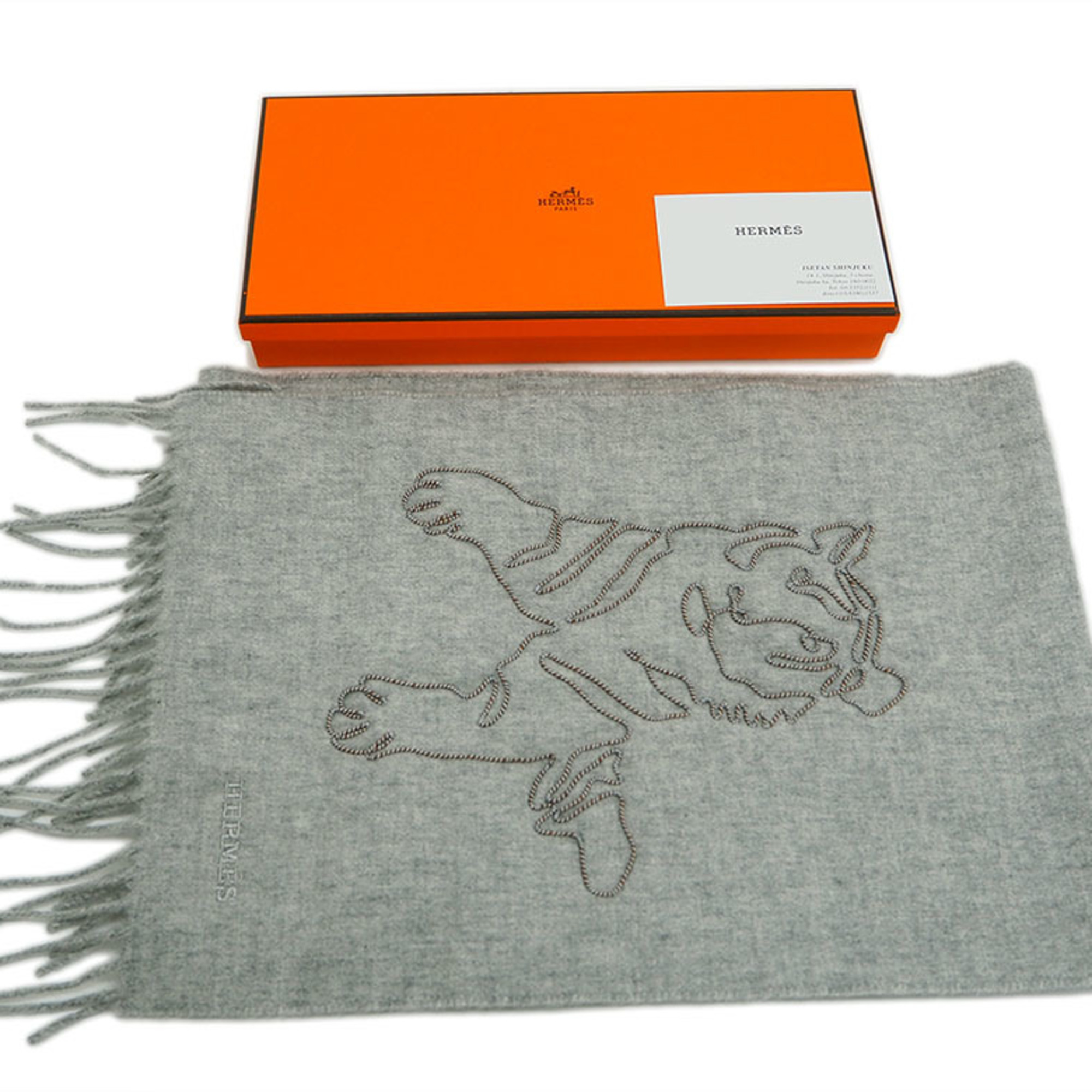 Hermes Muffler Tiger King Gris Claire Cine Brode Cashmere H391632T 02 Men's