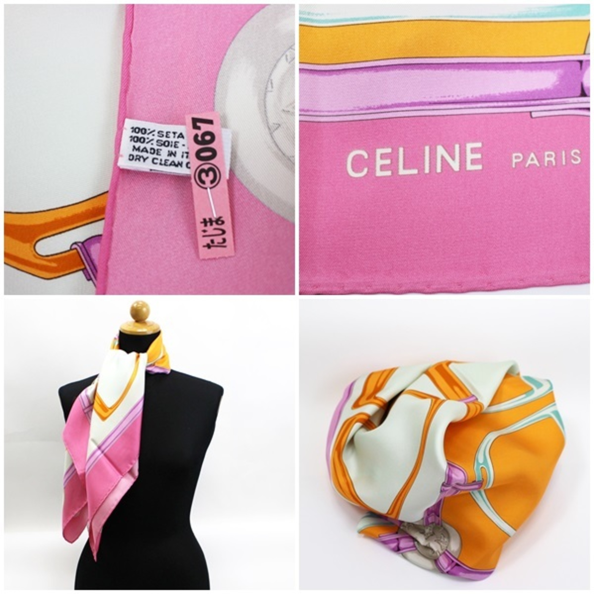 Celine scarf muffler pink x multicolor harness pattern CELINE ladies horsebit
