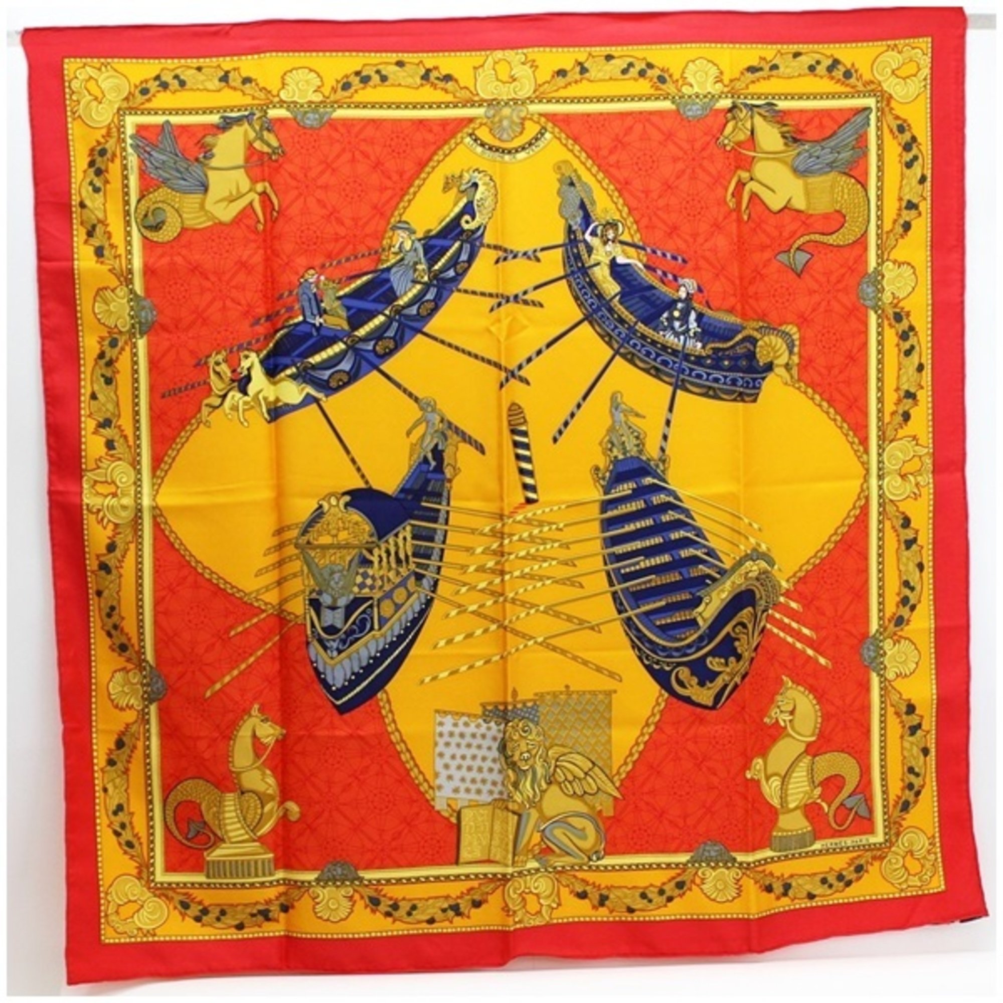 Hermes Silk Scarf Muffler LES BISSONE DE VENISE (Venice Boat Festival) Orange x Red HERMES Women's