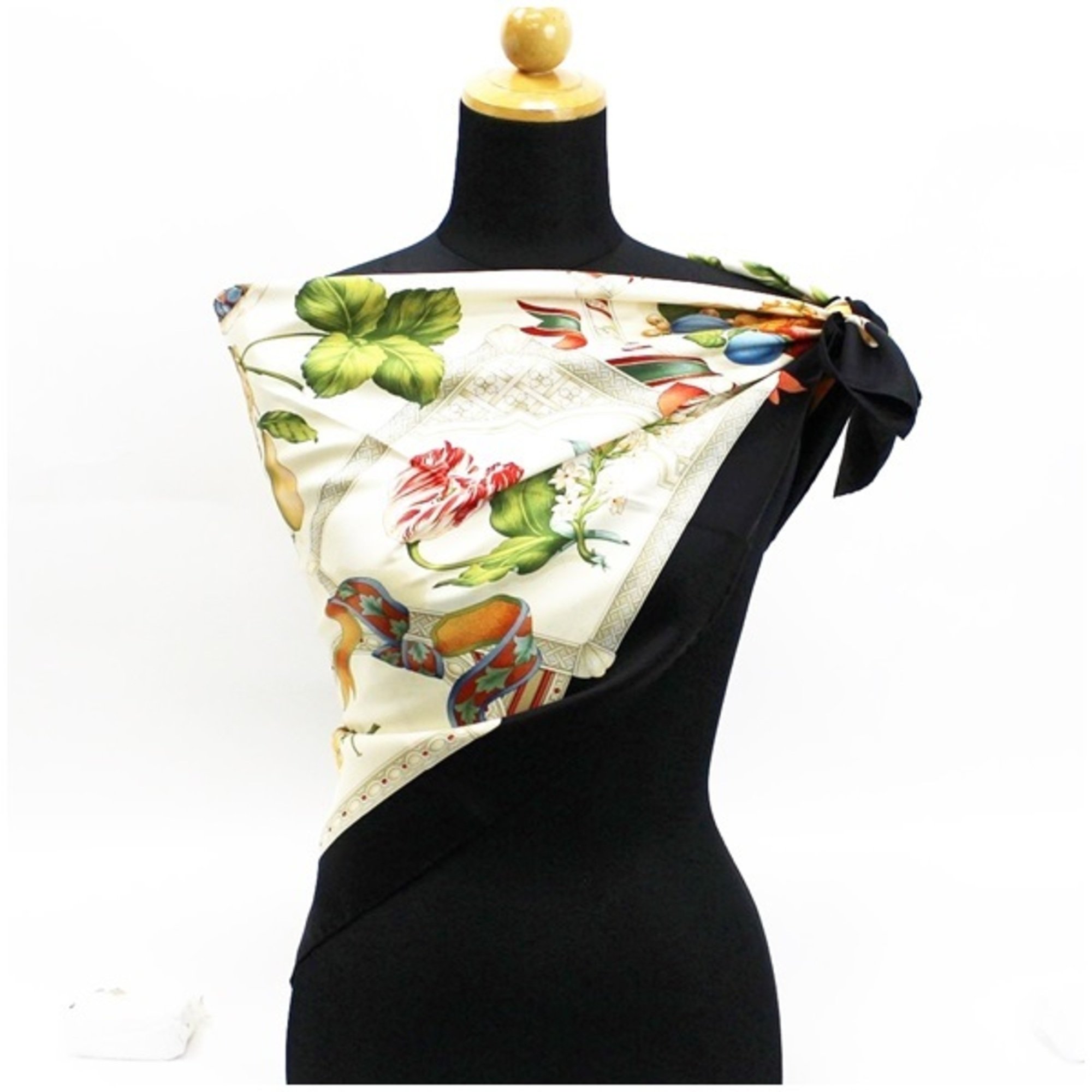 Salvatore Ferragamo Ferragamo Silk Scarf Muffler Black x Ivory Tori Salvatore Women's