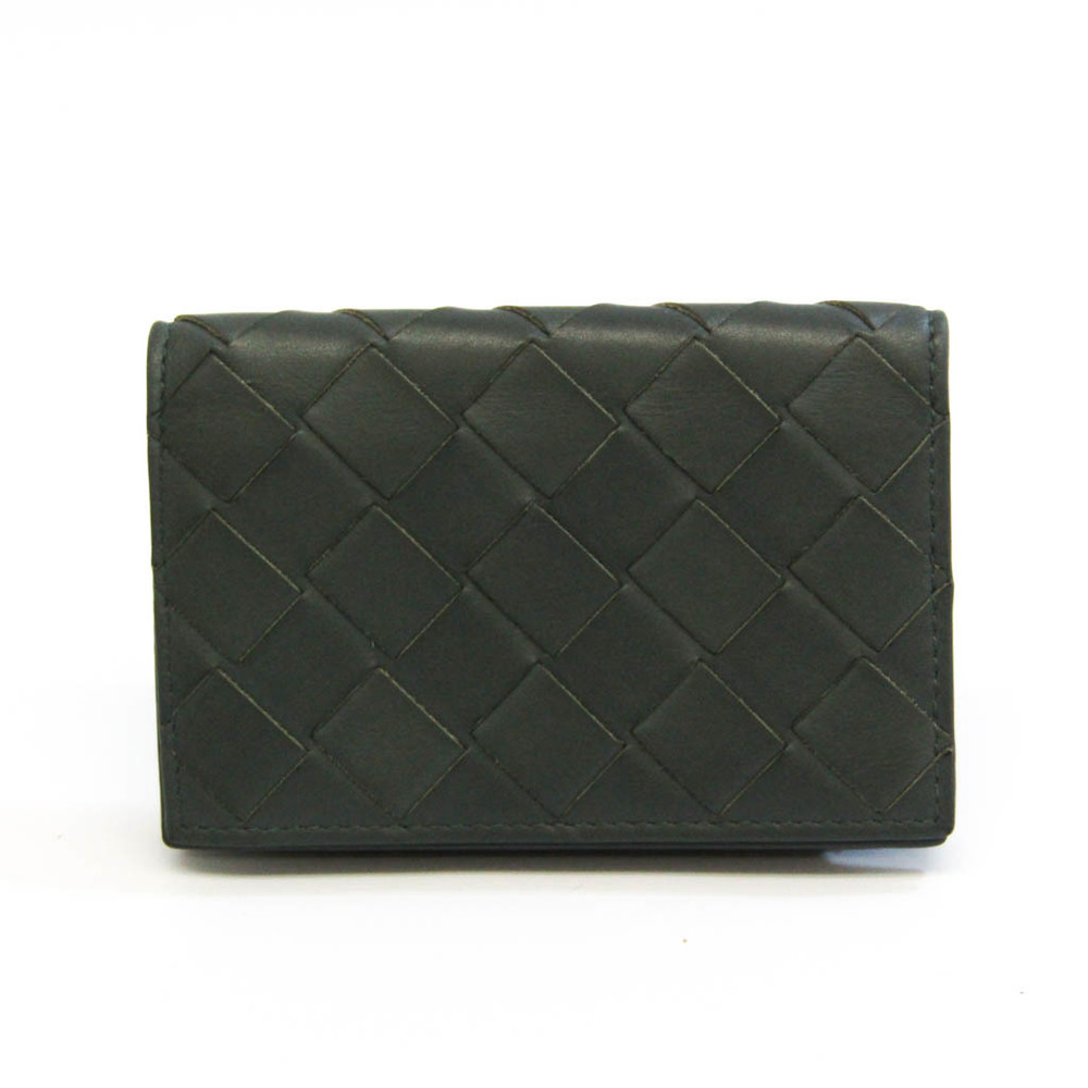 Bottega Veneta Intrecciato Leather Card Case Gray Khaki