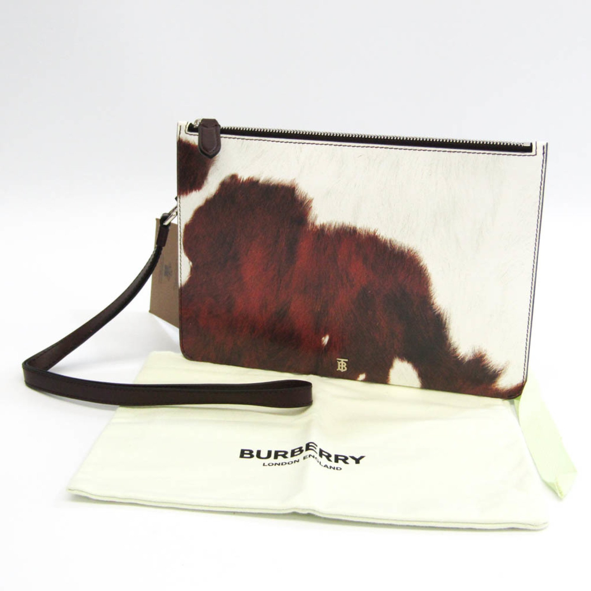 Burberry MD POUCH COW PRINT 8016991 Women,Men Leather,Patent Leather Clutch Bag Dark Brown,White