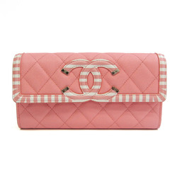 Chanel Matelasse CC Filigree Coco Mark A84448 Women's Caviar Leather Long Wallet (bi-fold) Light Pink,White