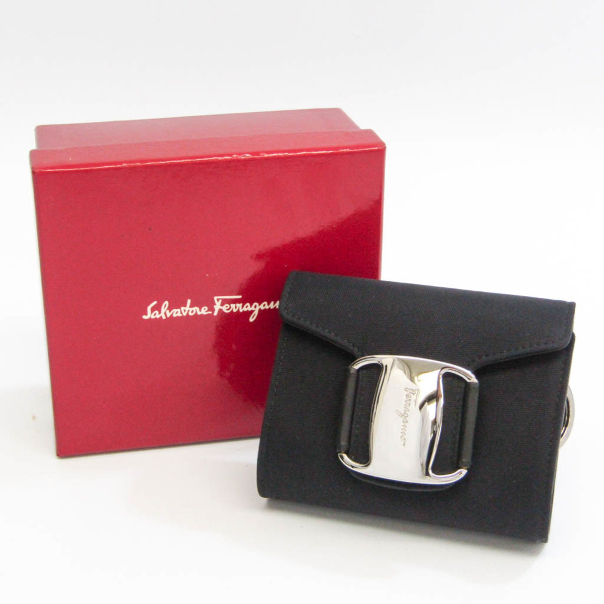 Salvatore Ferragamo With Key Ring 22 8093 Women's Leather,Canvas Pouch Black