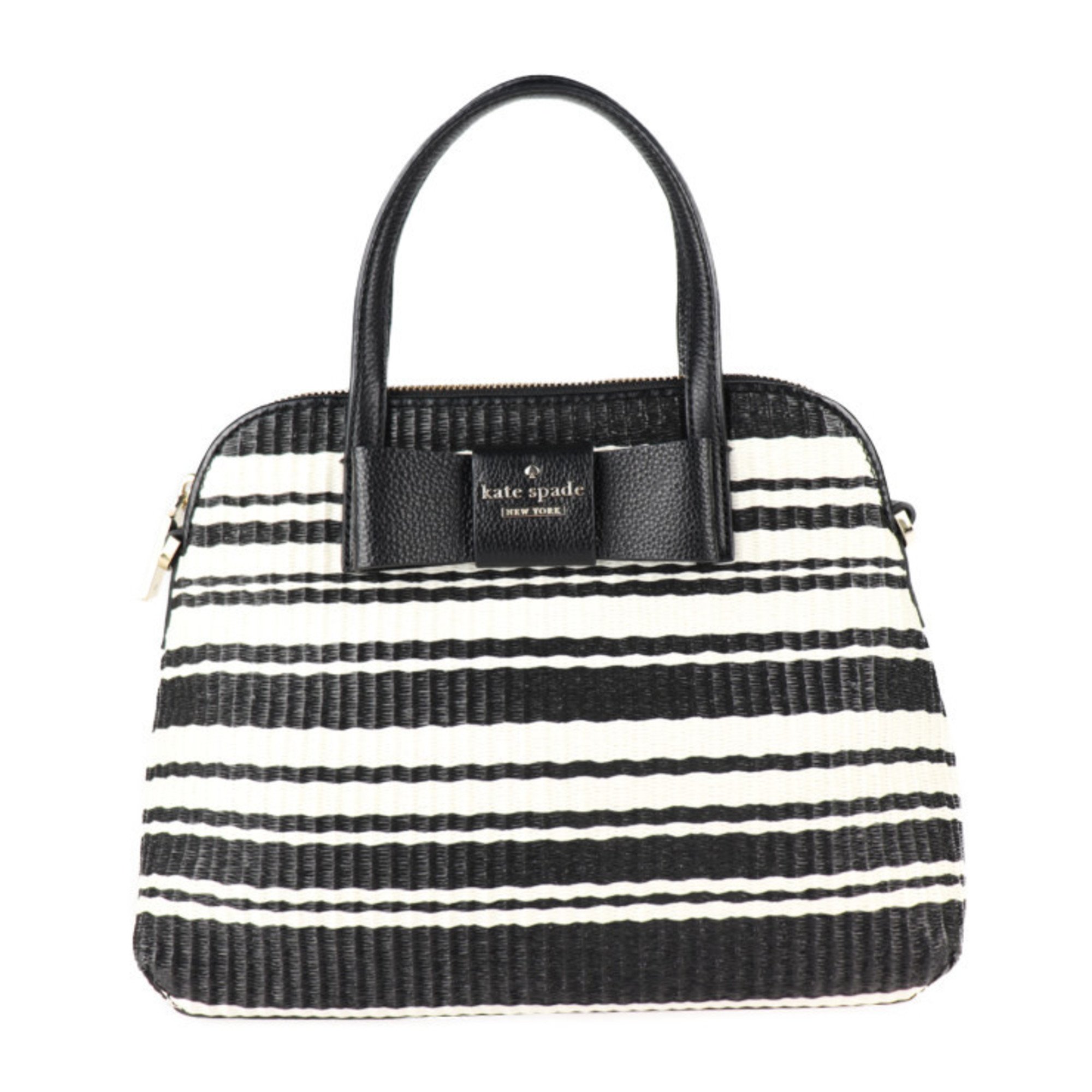 Kate Spade spade handbag leather straw black white stripe border 2WAY shoulder bag