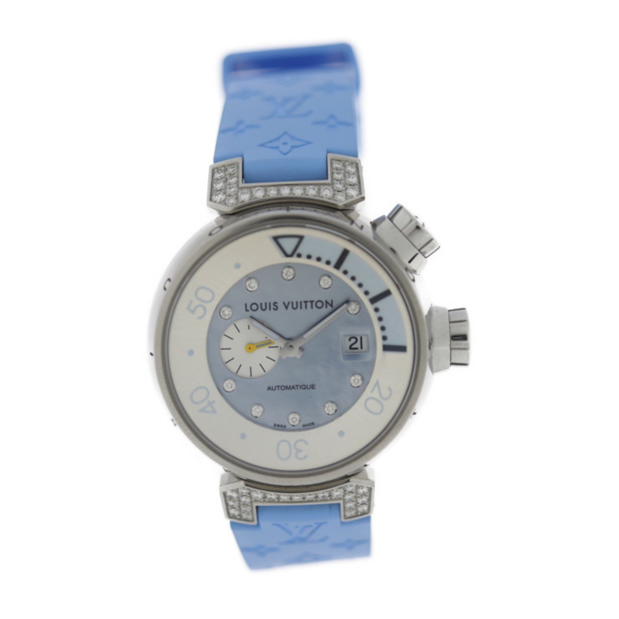 LOUIS VUITTON Louis Vuitton Tambour Automatic Watch Q1330 Stainless Steel Diamond Rubber Silver Blue Shell Dial Belt: