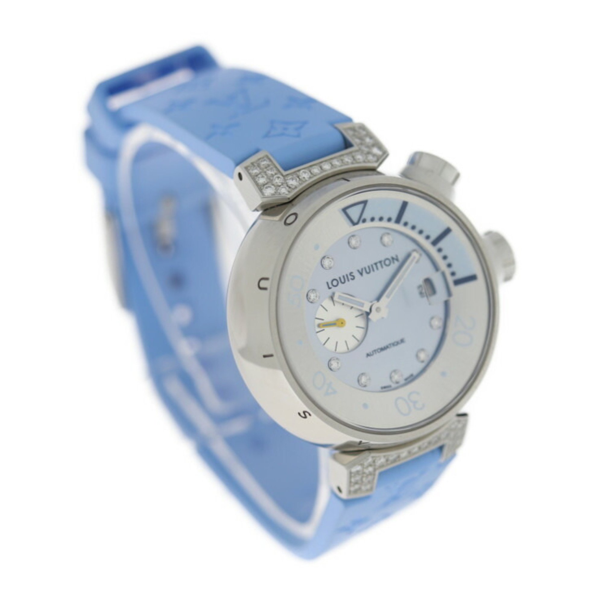 LOUIS VUITTON Louis Vuitton Tambour Automatic Watch Q1330 Stainless Steel Diamond Rubber Silver Blue Shell Dial Belt: