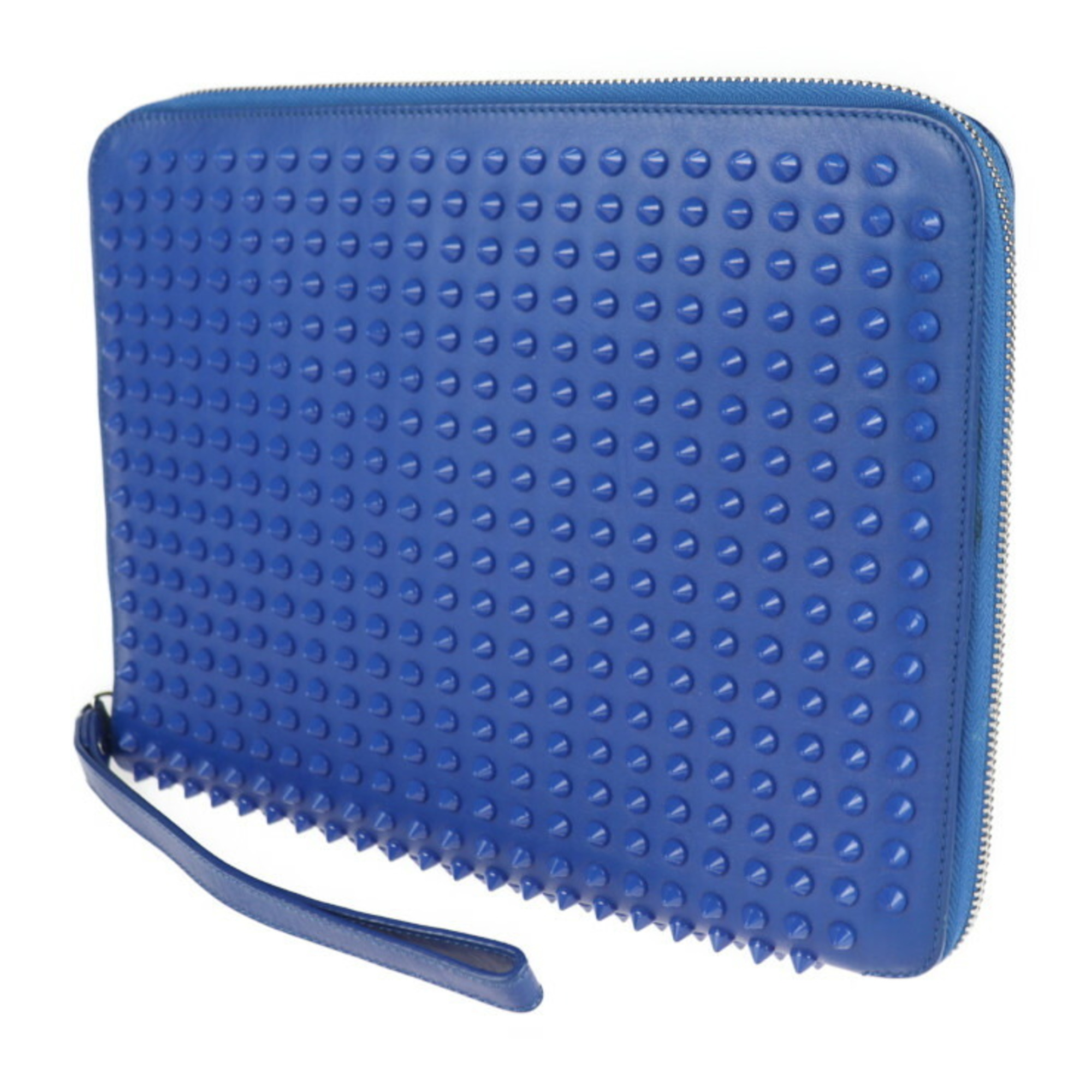 Christian Louboutin iPad Case Second Bag 3120247 Leather Blue Round Zipper Clutch Spike Studs